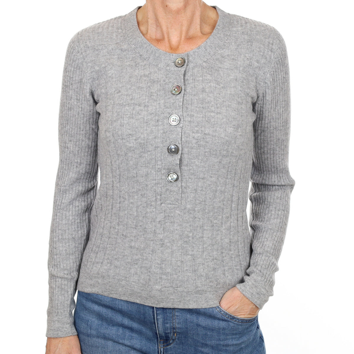 New Smoke Grey Cashmere 1/4 Button Crew Neck Small