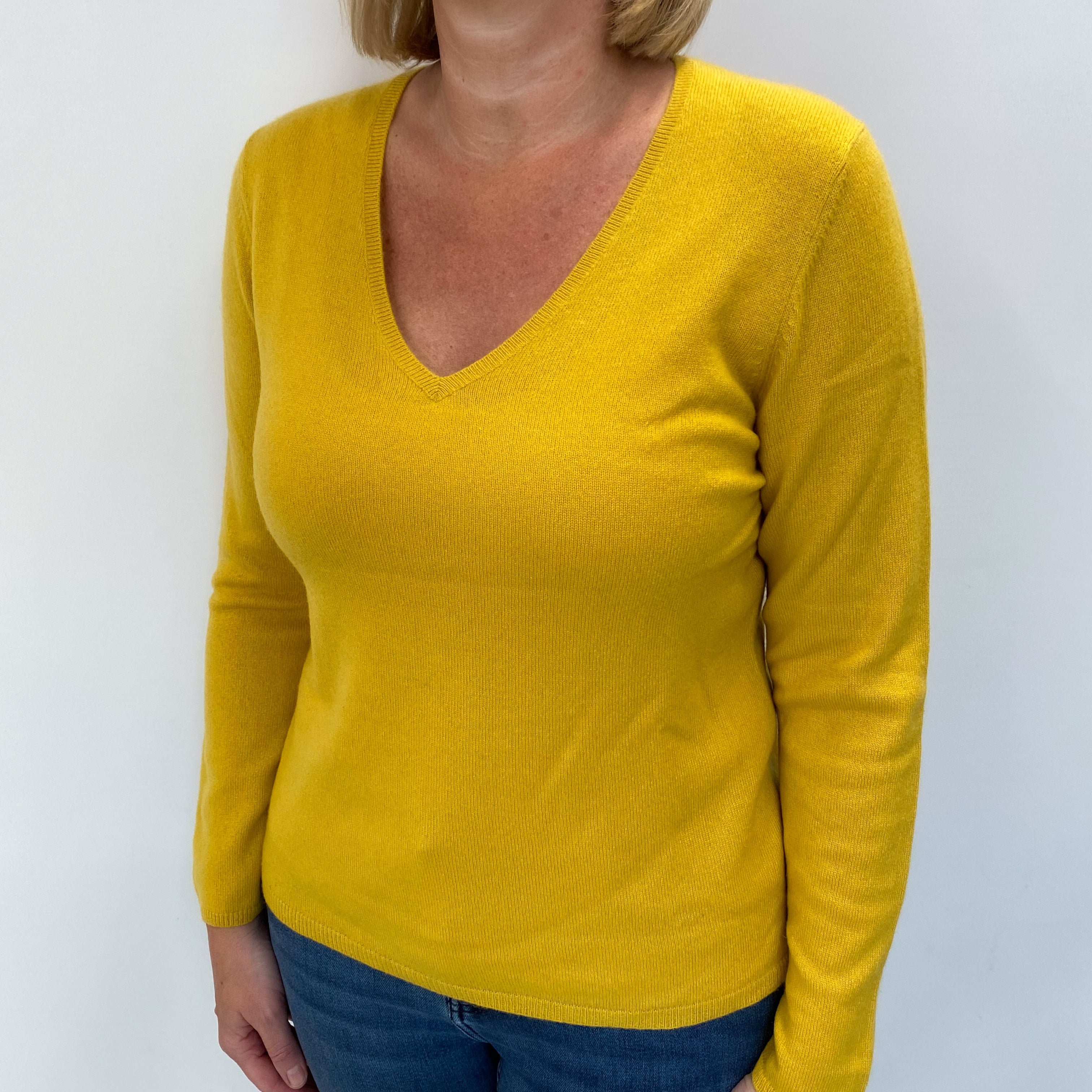 Mustard Yellow Cashmere V Neck Jumper Large