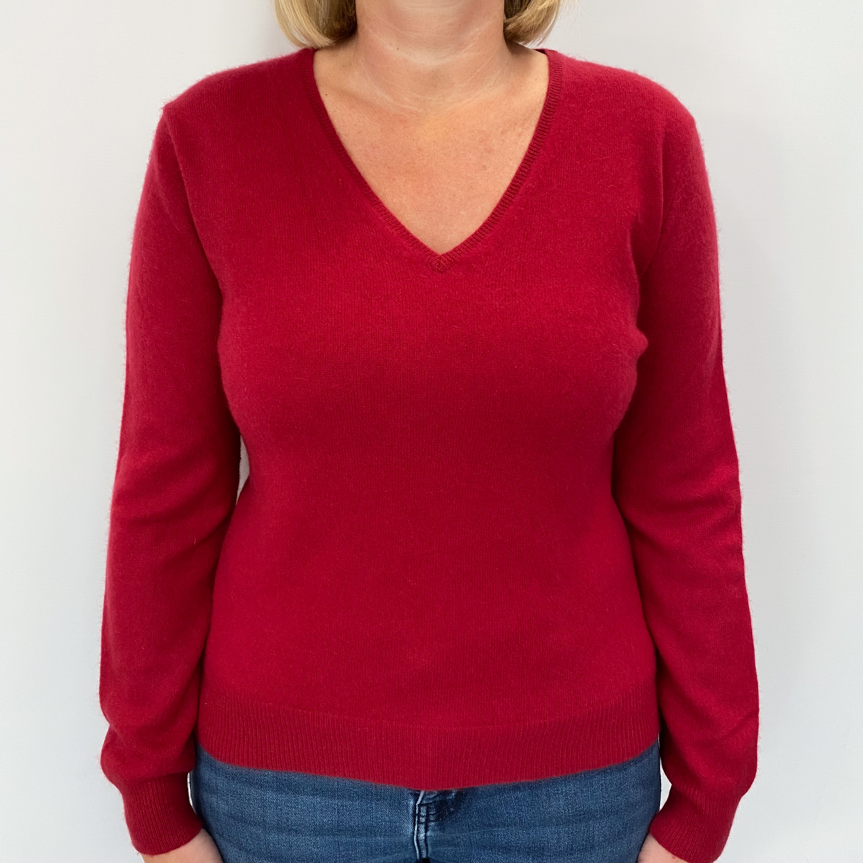 Crimson Red Cashmere V Neck Jumper Large