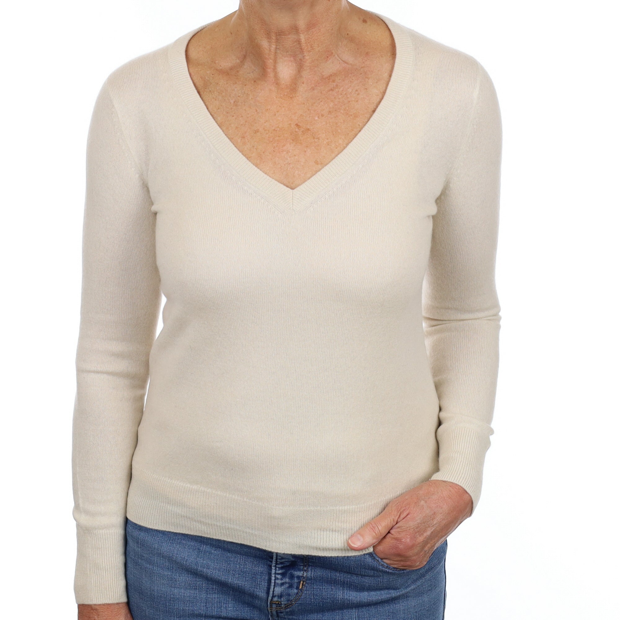 Vanilla Cream Cashmere V Neck Jumper Medium