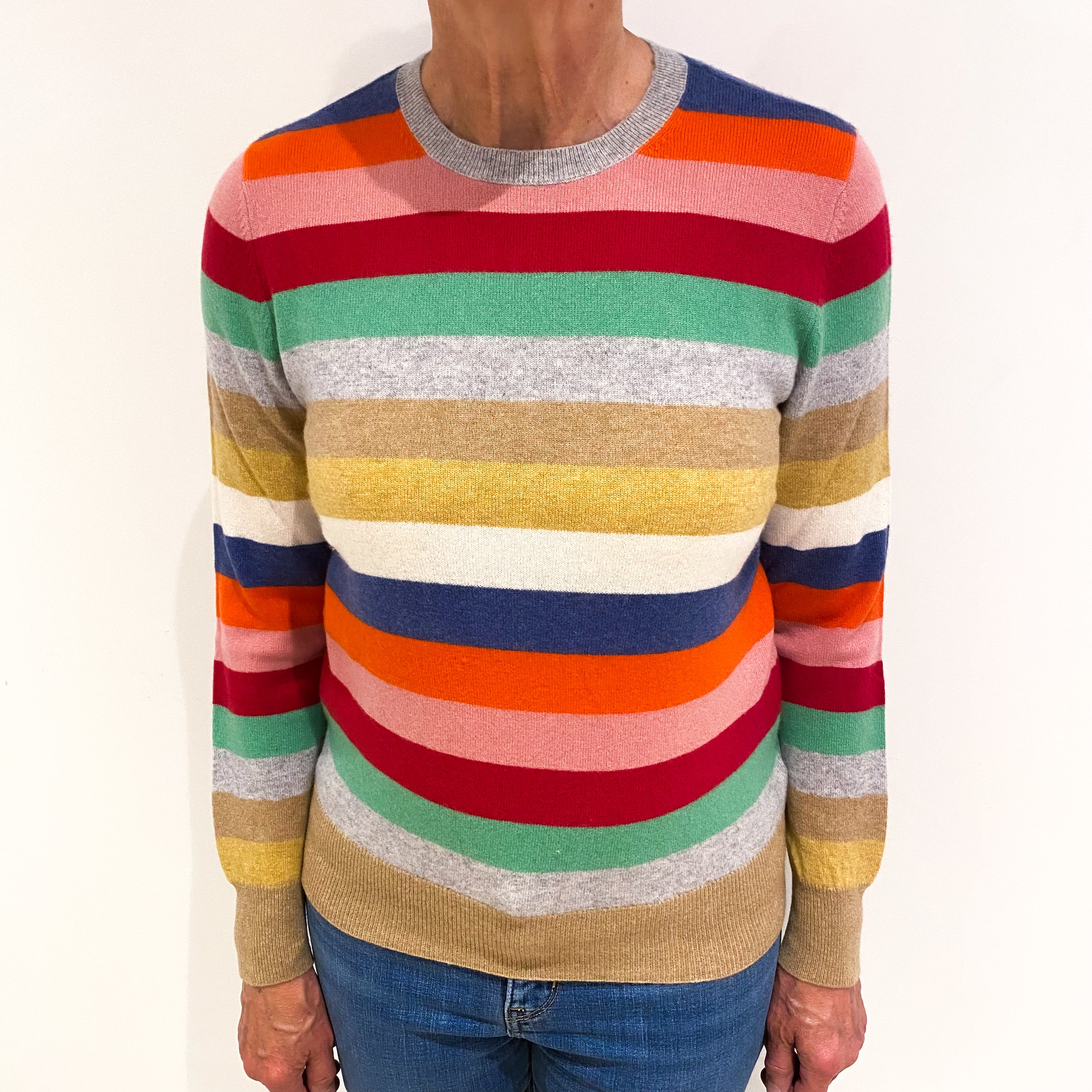 Multicoloured Striped Cashmere Crew Neck Jumper Medium