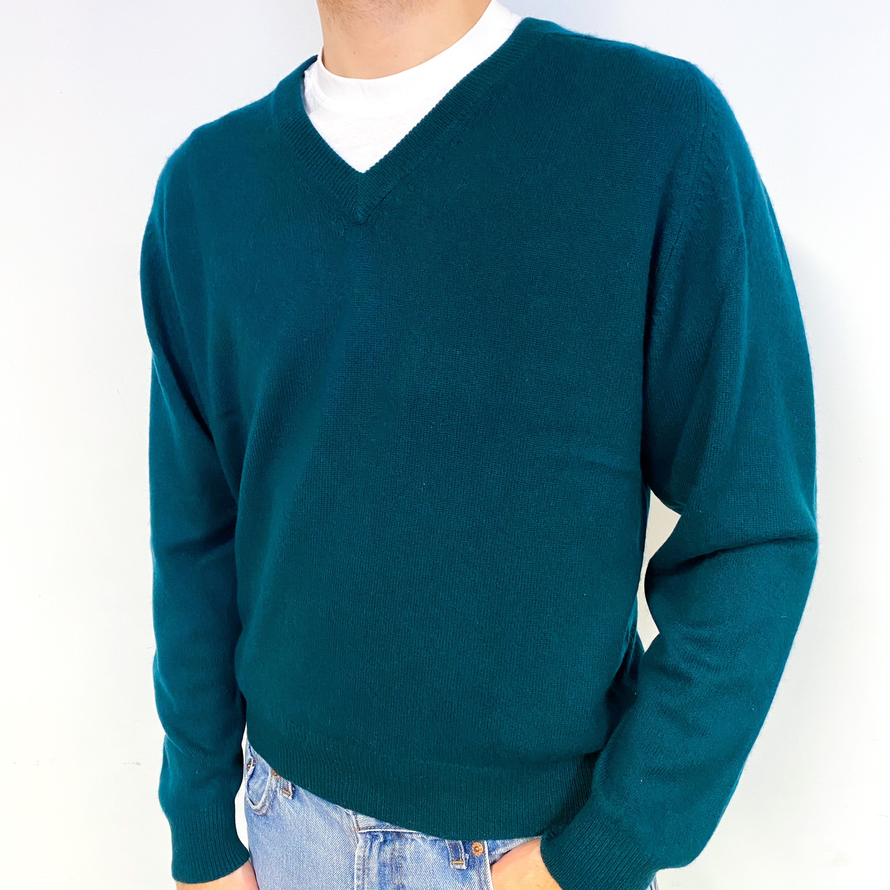 Men's Bottle Green Cashmere V-Neck Jumper Large