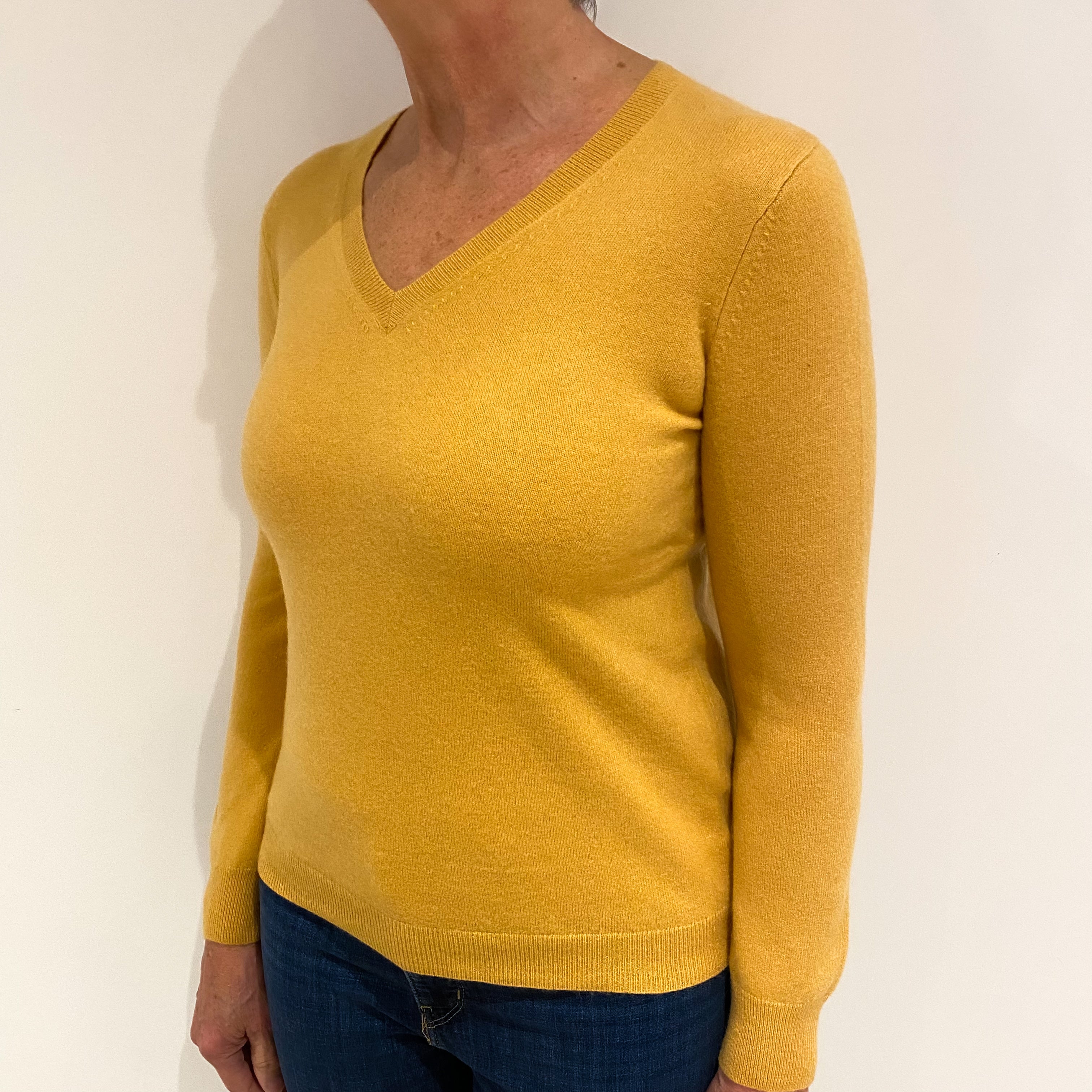 Ochre Yellow Cashmere V Neck Jumper Medium