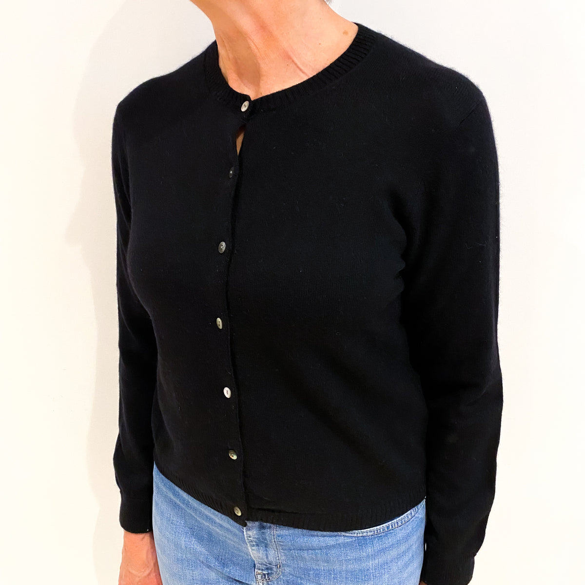 Black Cashmere Crew Neck Cardigan Medium