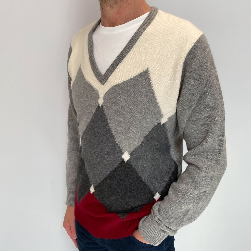 Men's Vintage Scottish Grey Diamond Cashmere V Neck Jumper Small