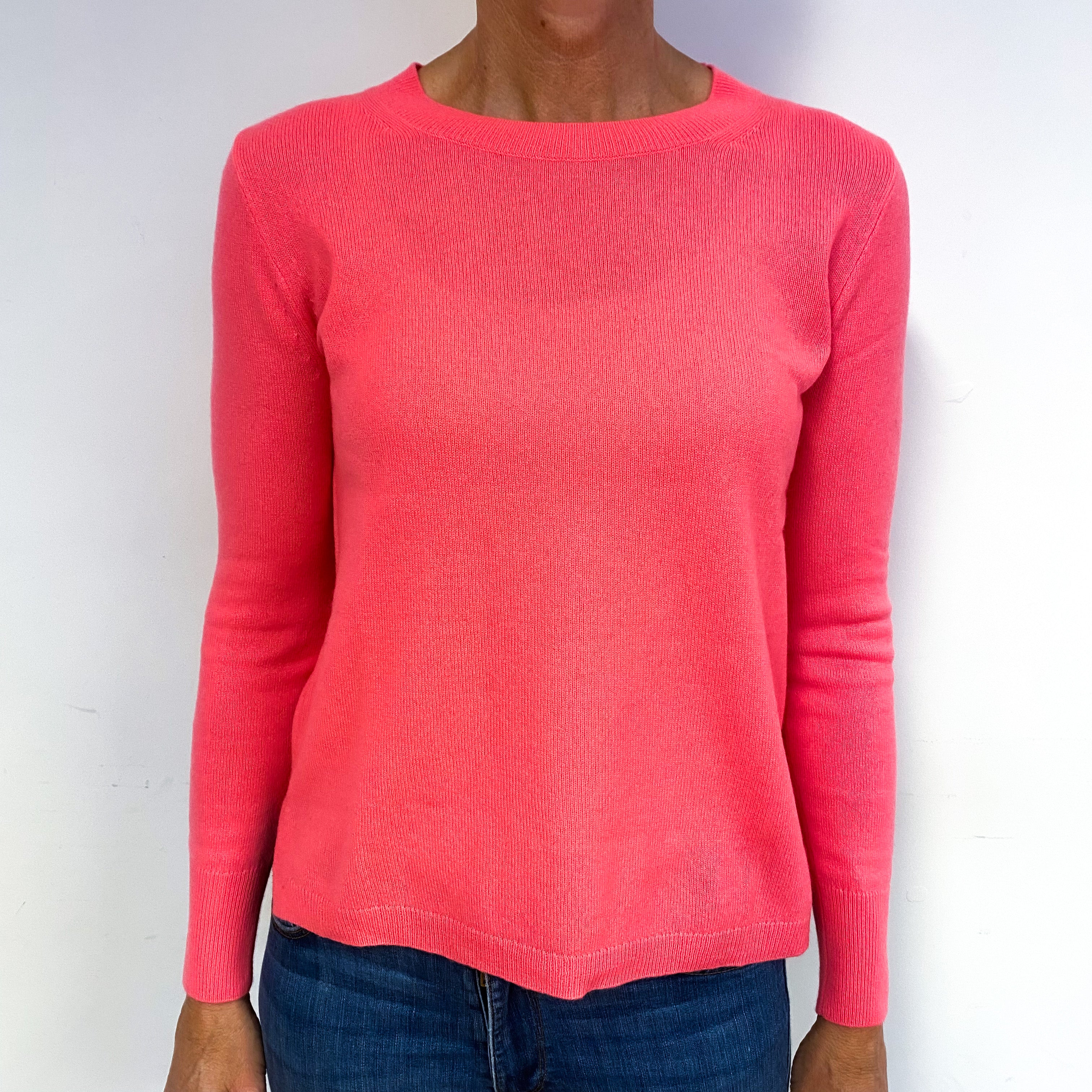 Neon Coral Pink Cashmere Crew Neck Jumper Medium