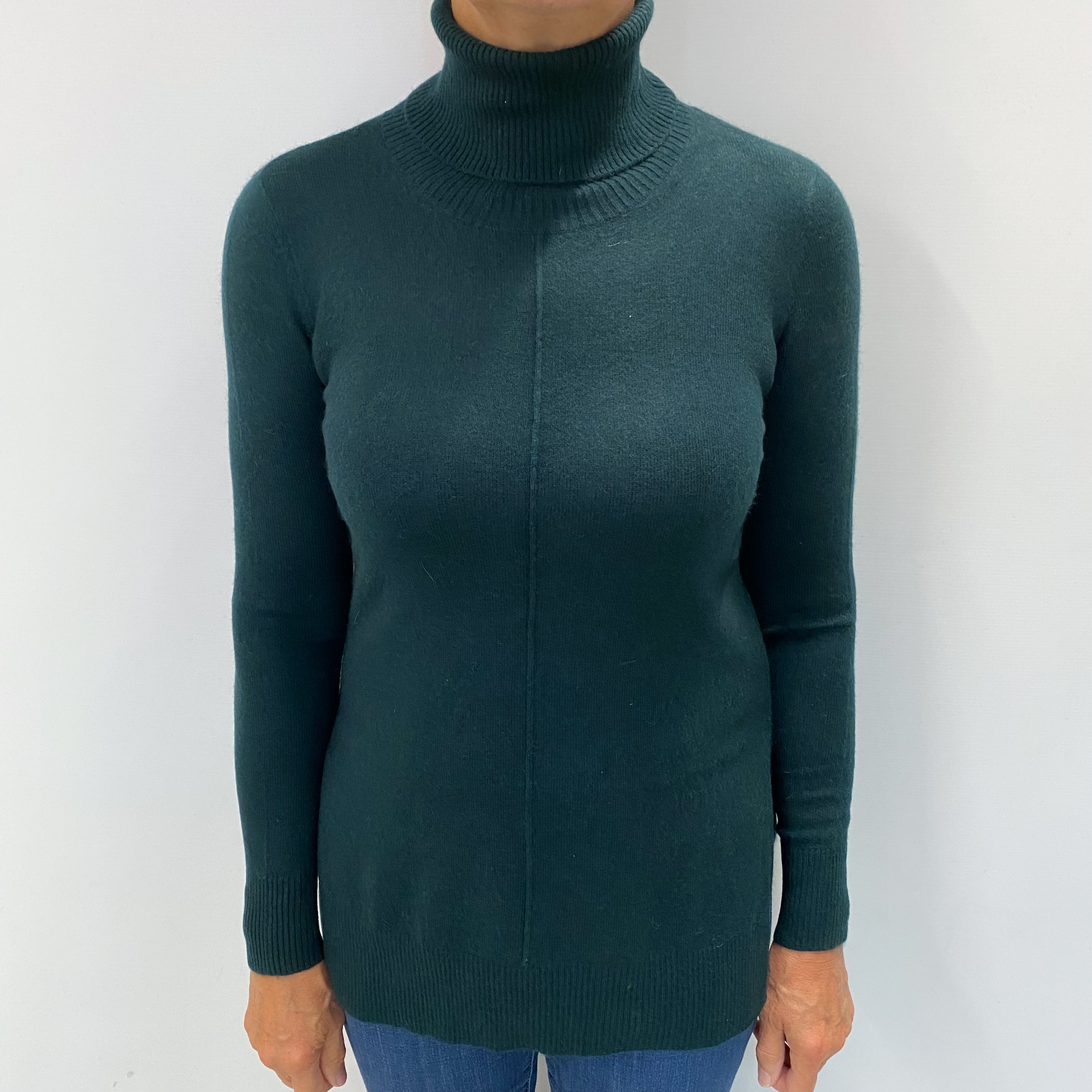 Bottle Green Cashmere Split Side Polo Neck Jumper Medium