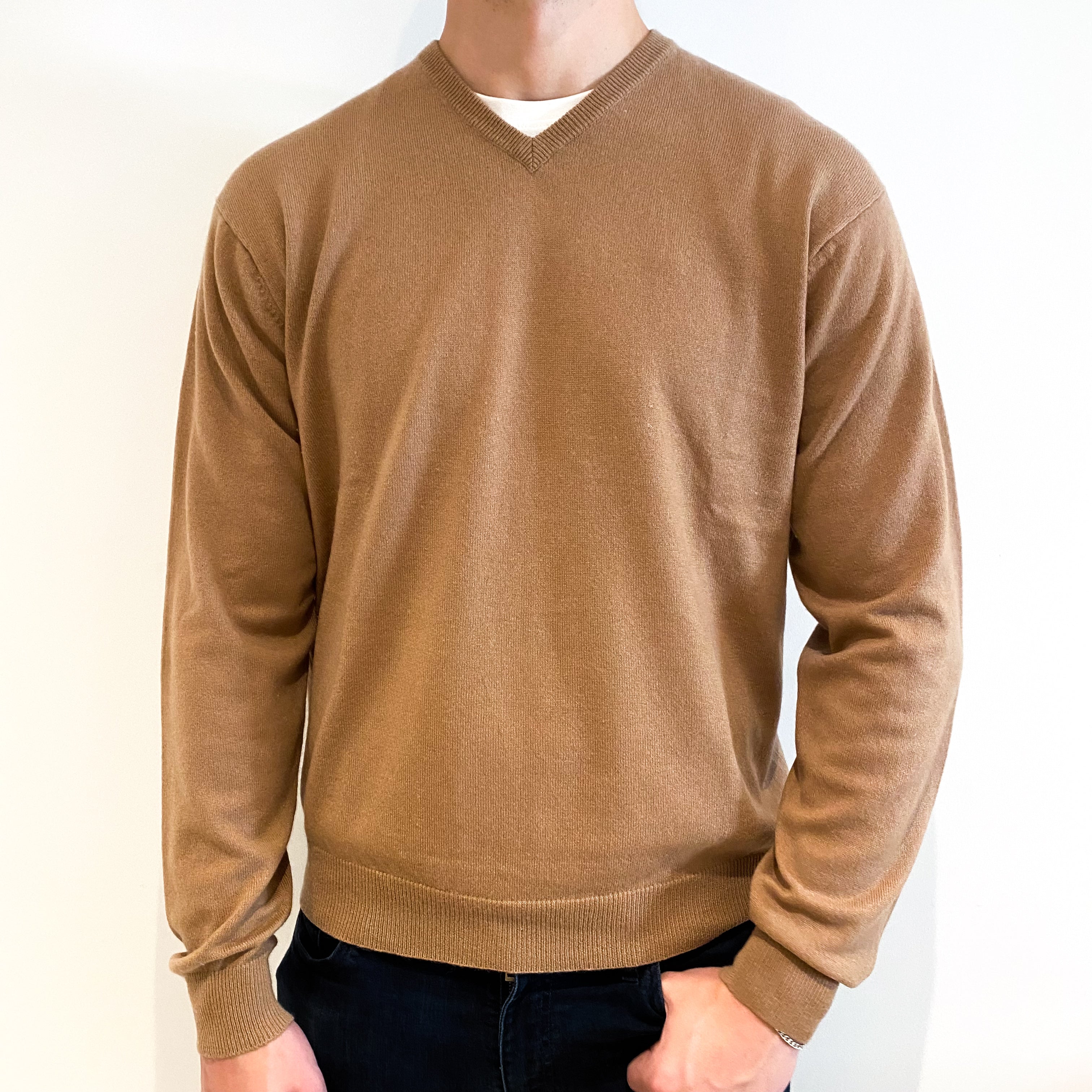 Men's Camel Brown Cashmere V-Neck Jumper Extra Extra Large