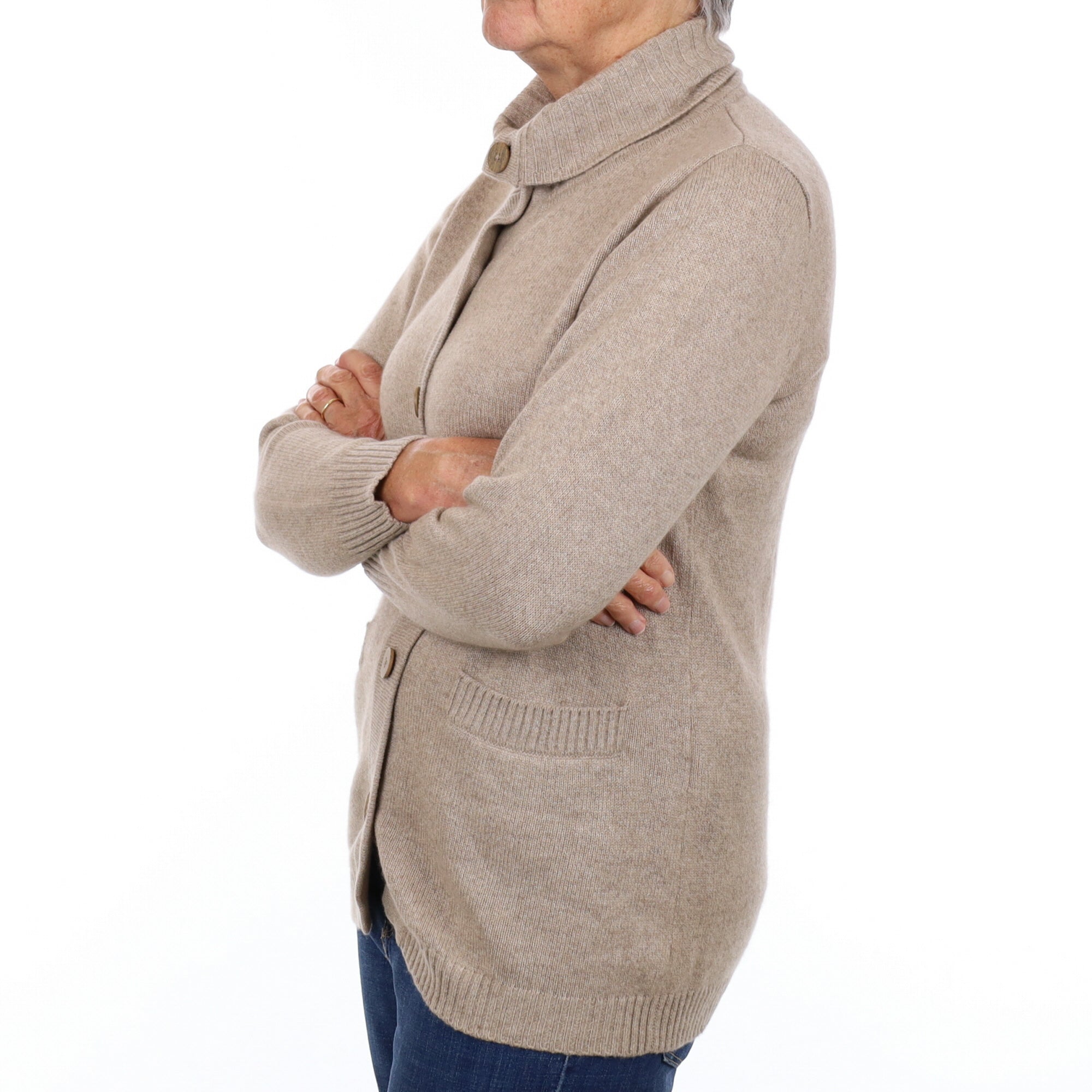 Fawn Beige Cashmere Polo Neck Cardigan with Pockets Medium
