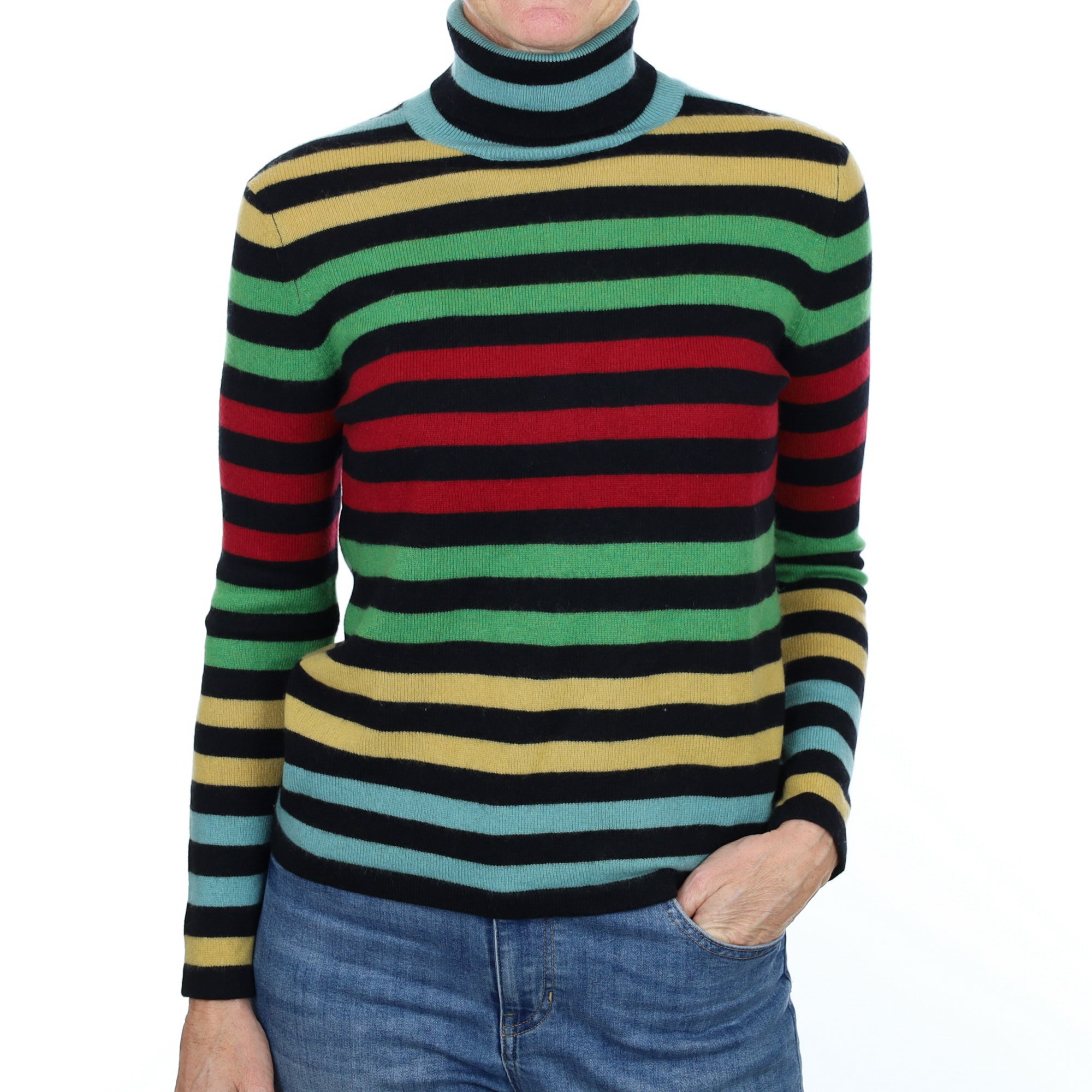 Black Multicoloured Striped Cashmere Polo Neck Jumper Small