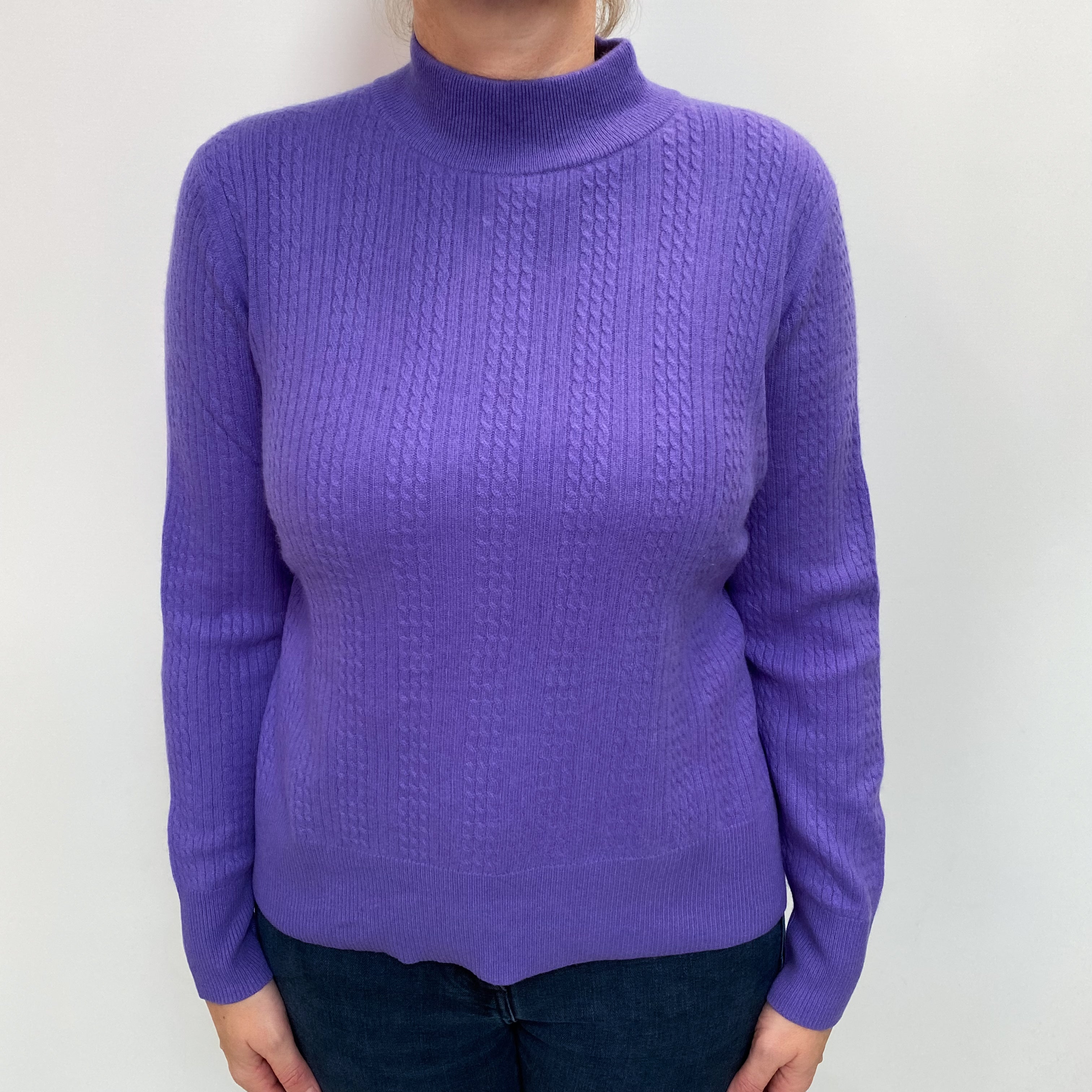 Periwinkle Purple Cable Cashmere Turtle Neck Jumper Large
