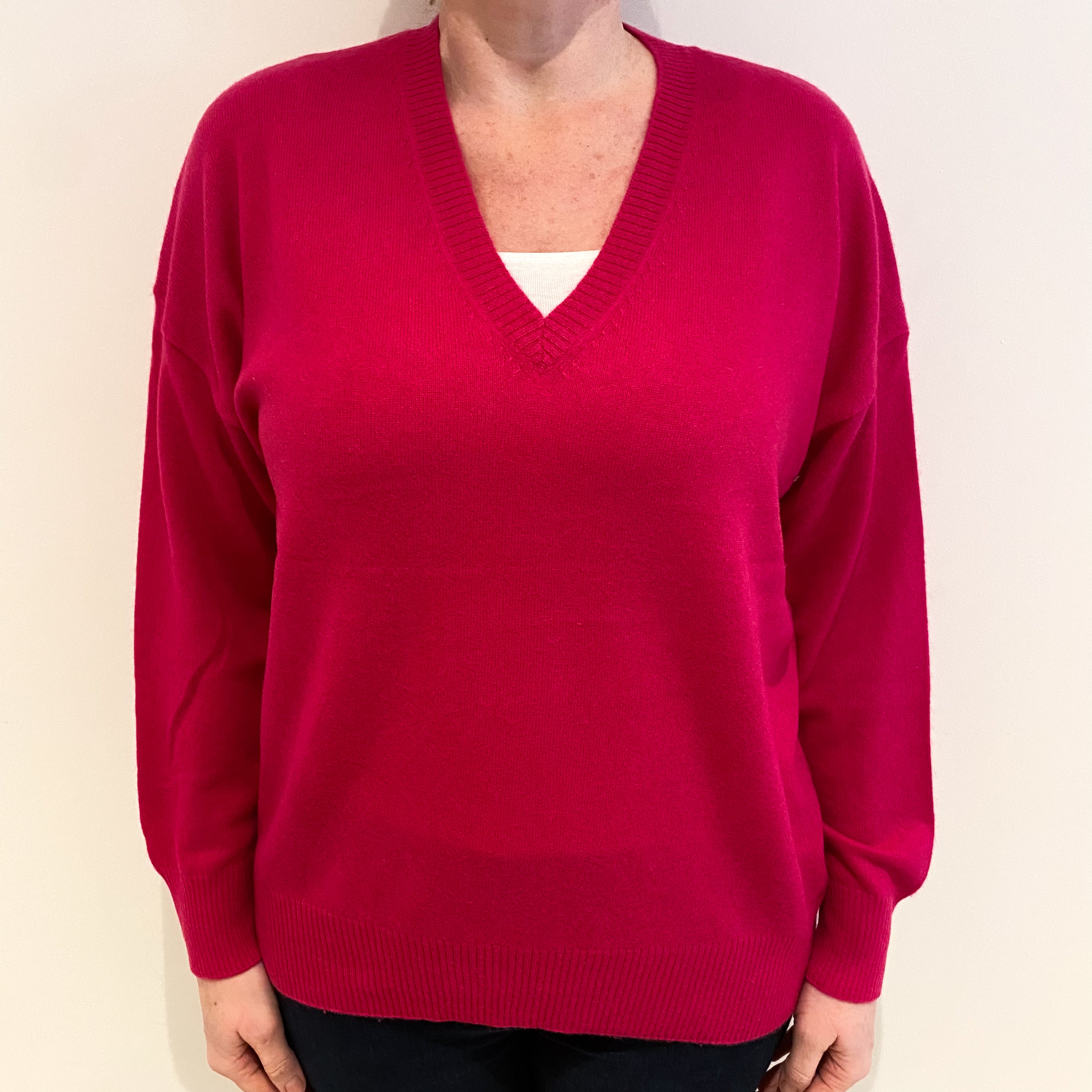 Cherry Pink Cashmere V Neck Jumper Large