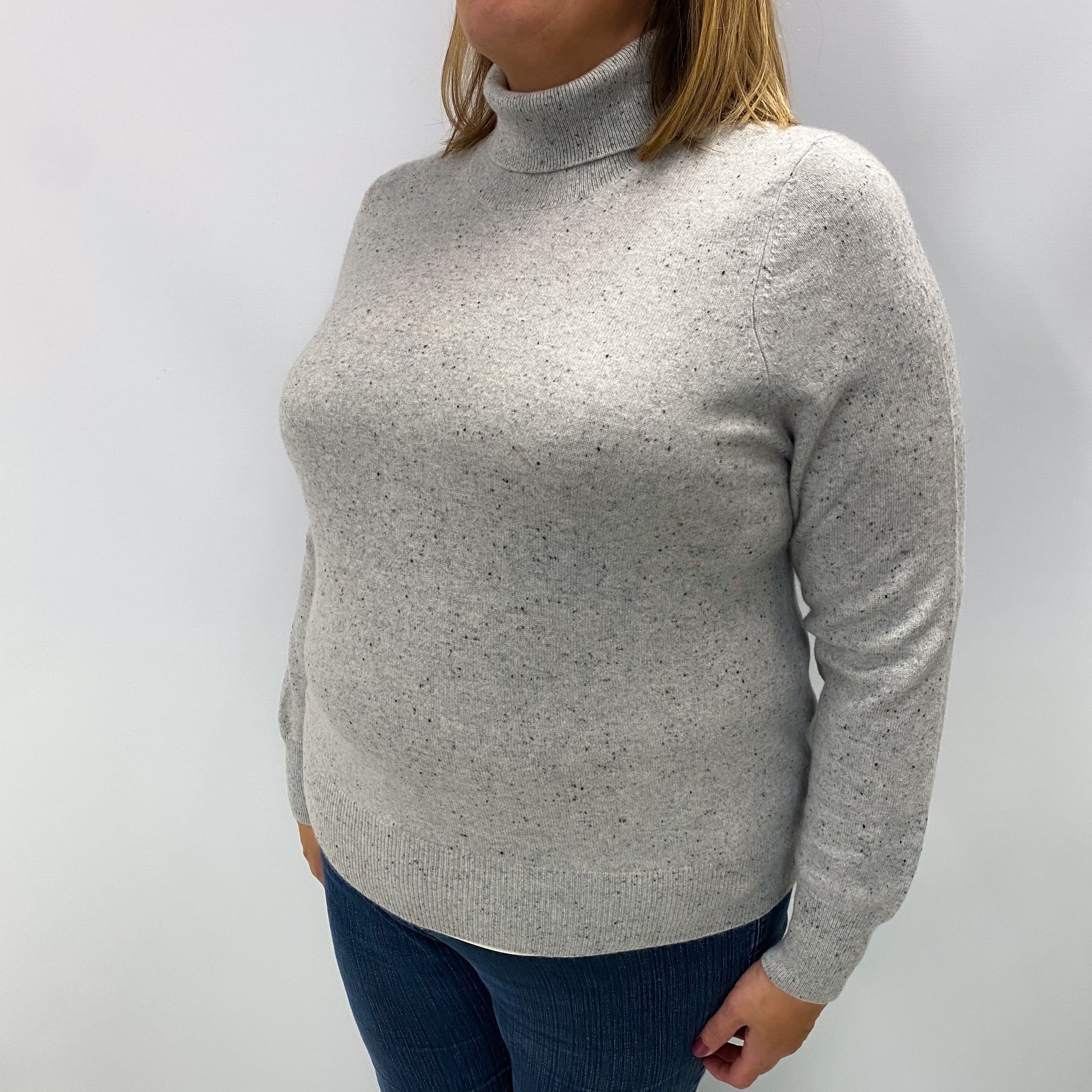 Smoke Grey Flecked Cashmere Polo Neck Jumper Extra Large