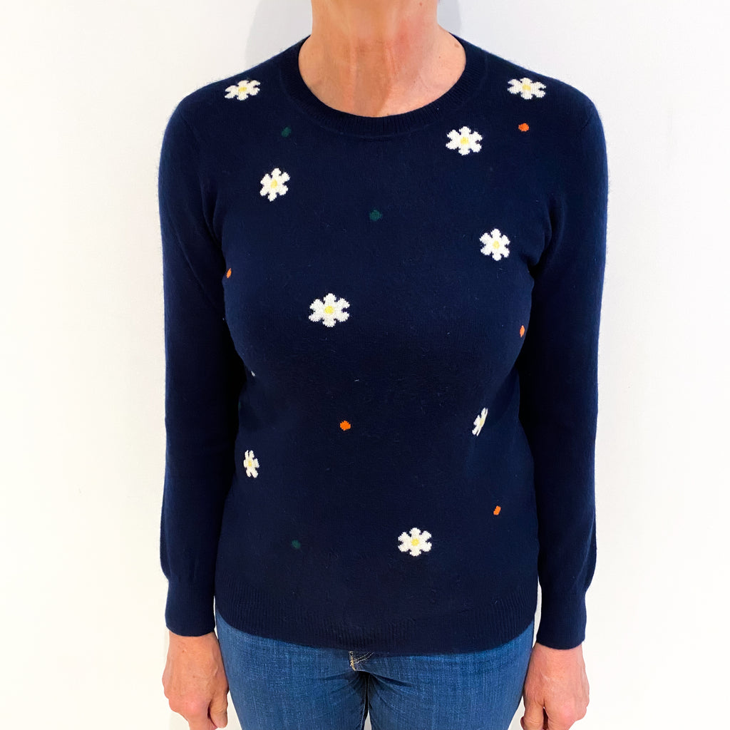 Navy Floral Cashmere Crew Neck Jumper Medium