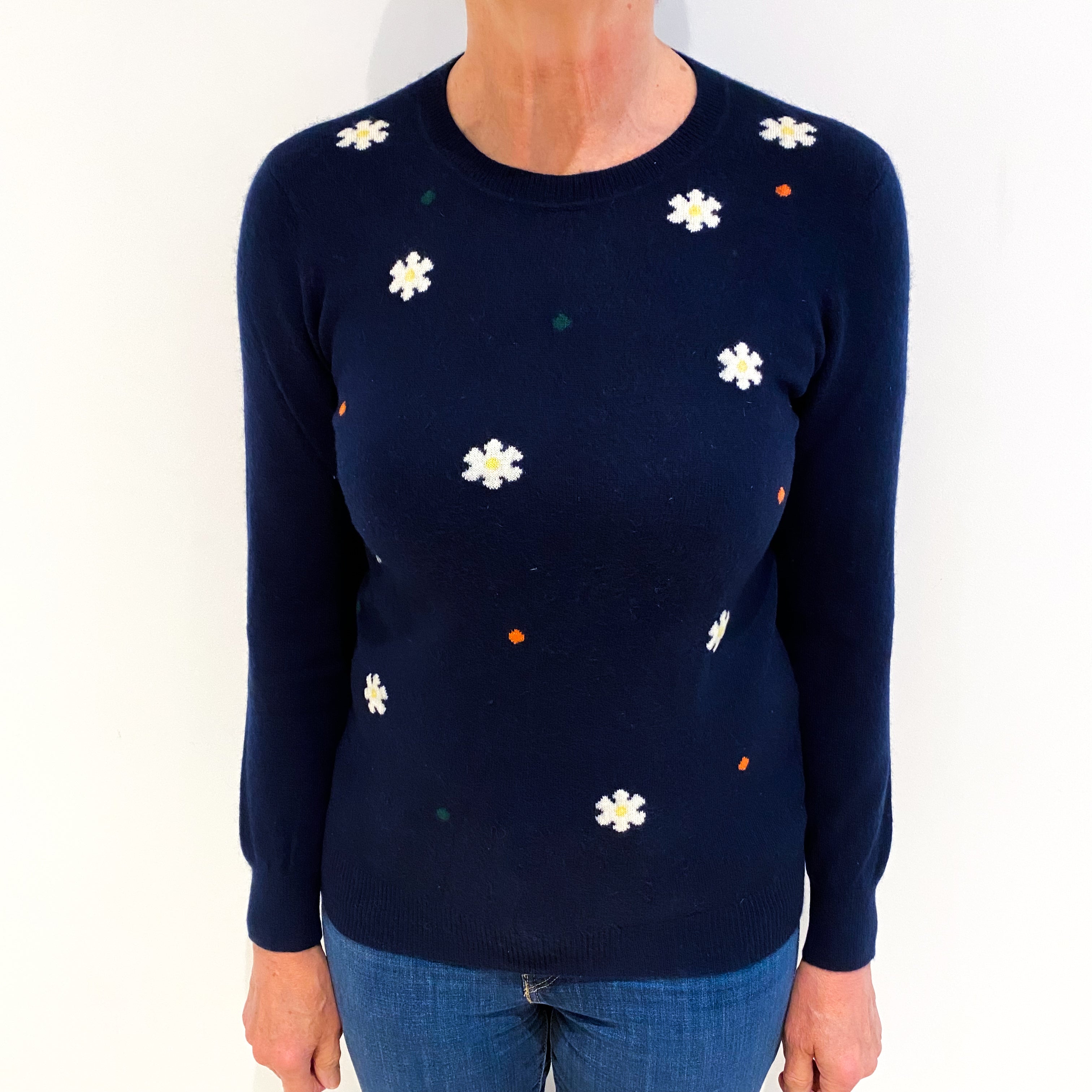 Navy Floral Cashmere Crew Neck Jumper Medium