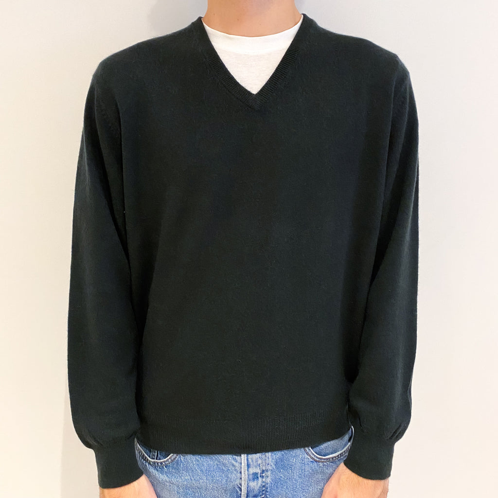 Men's Dark Green Cashmere V Neck Jumper Large