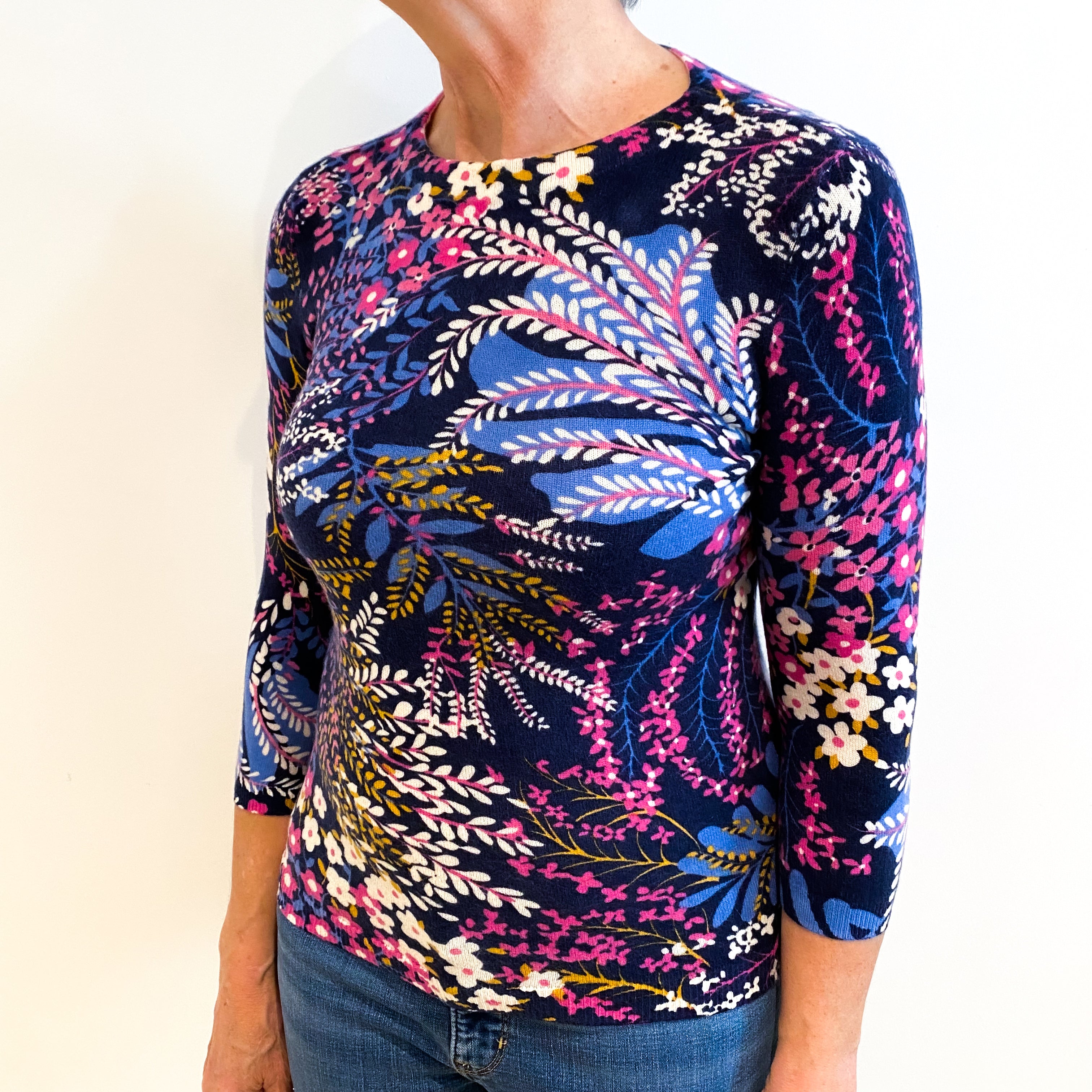 Blue Floral Print Cashmere Slash Neck Jumper Medium