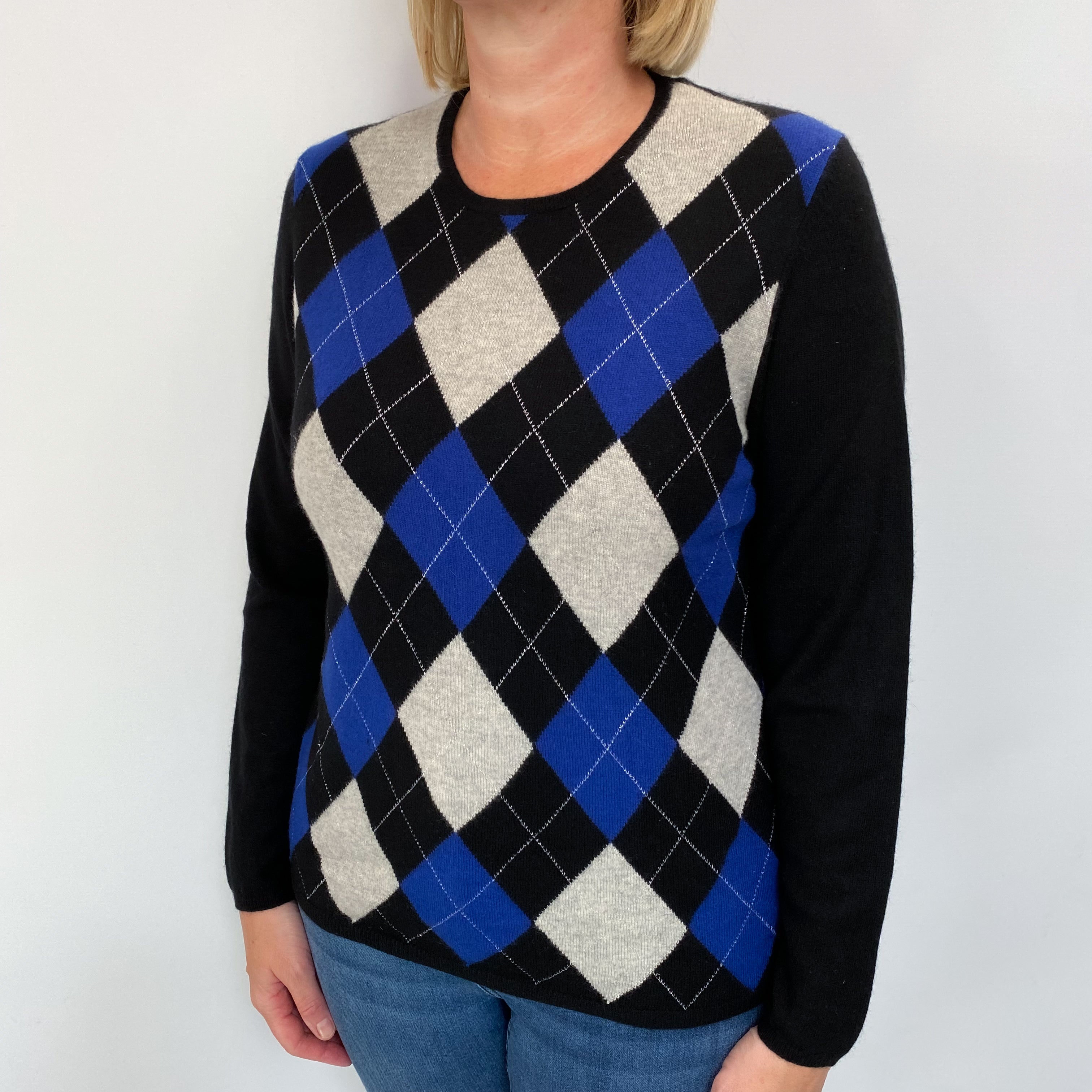 Black Argyle Cashmere Crew Neck Jumper Large