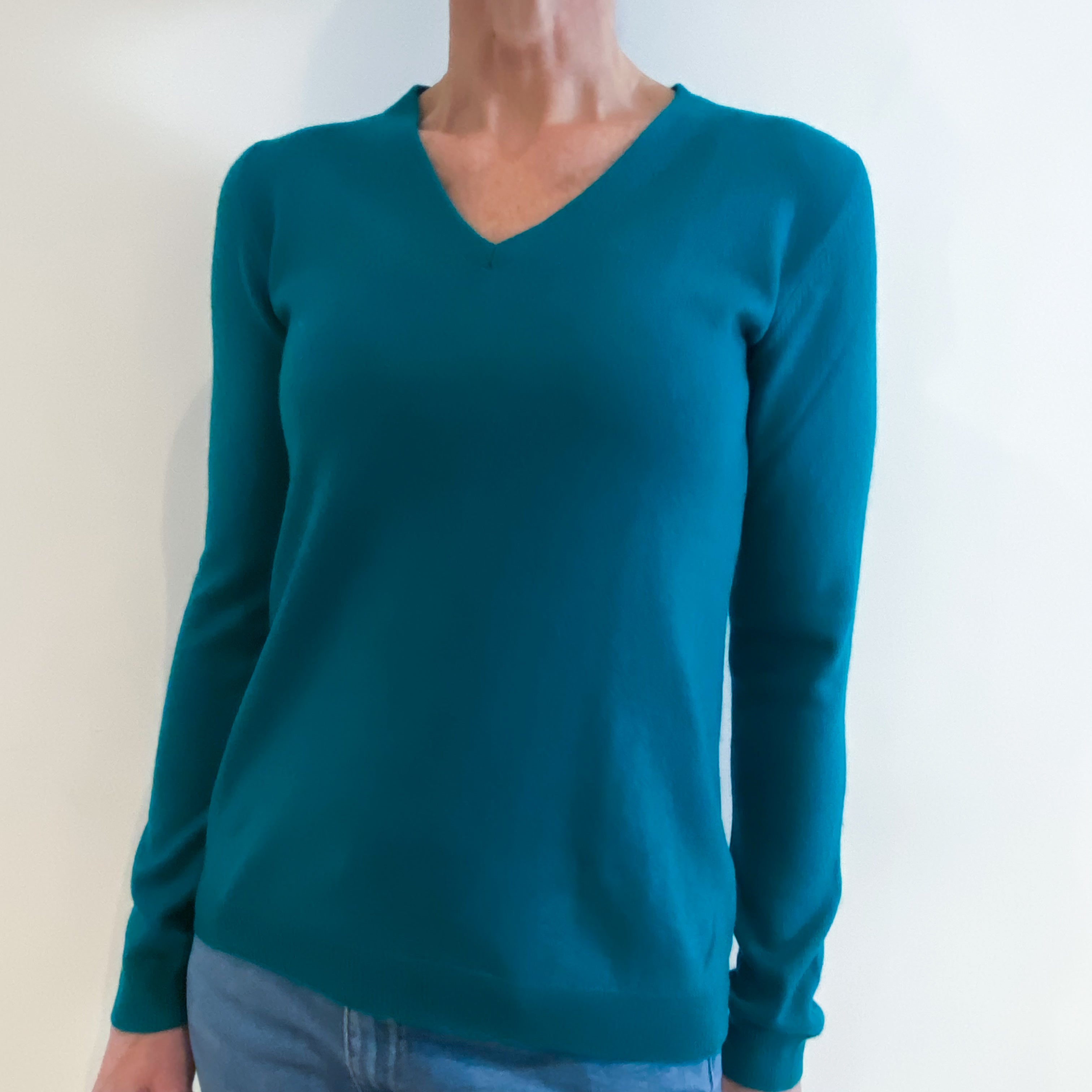 Parakeet Green Cashmere V Neck Jumper Small