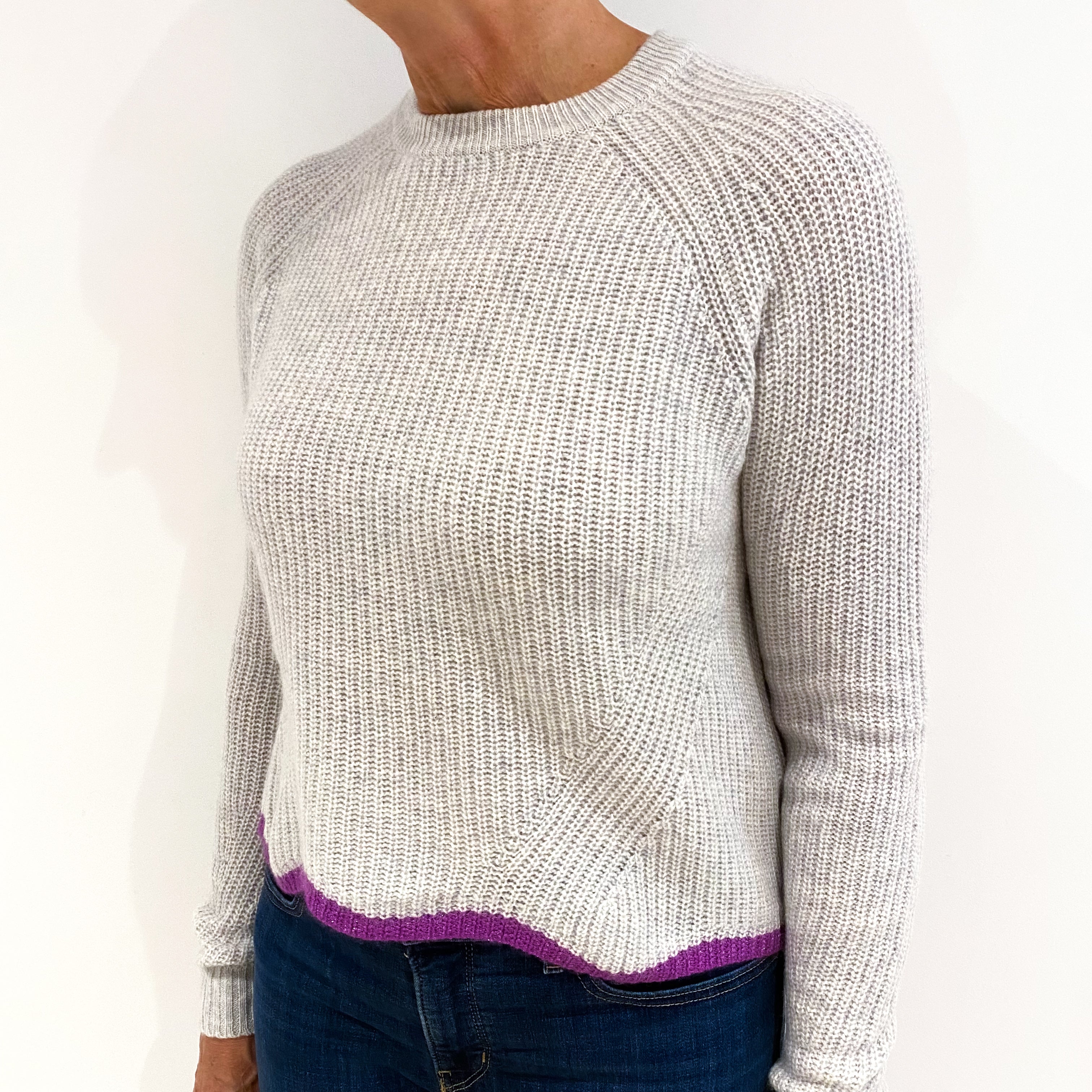 Mist Grey Purple Trim Cashmere Crew Neck Jumper Medium