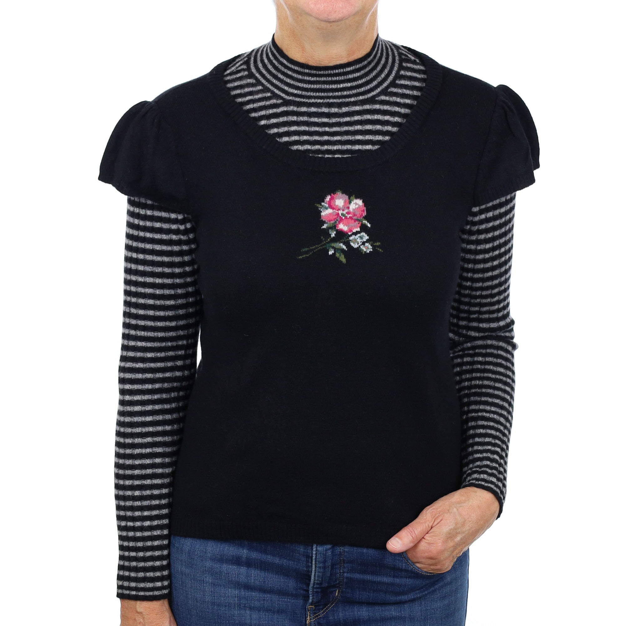 Black Floral Layered Effect Cashmere Turtle Neck Jumper Medium
