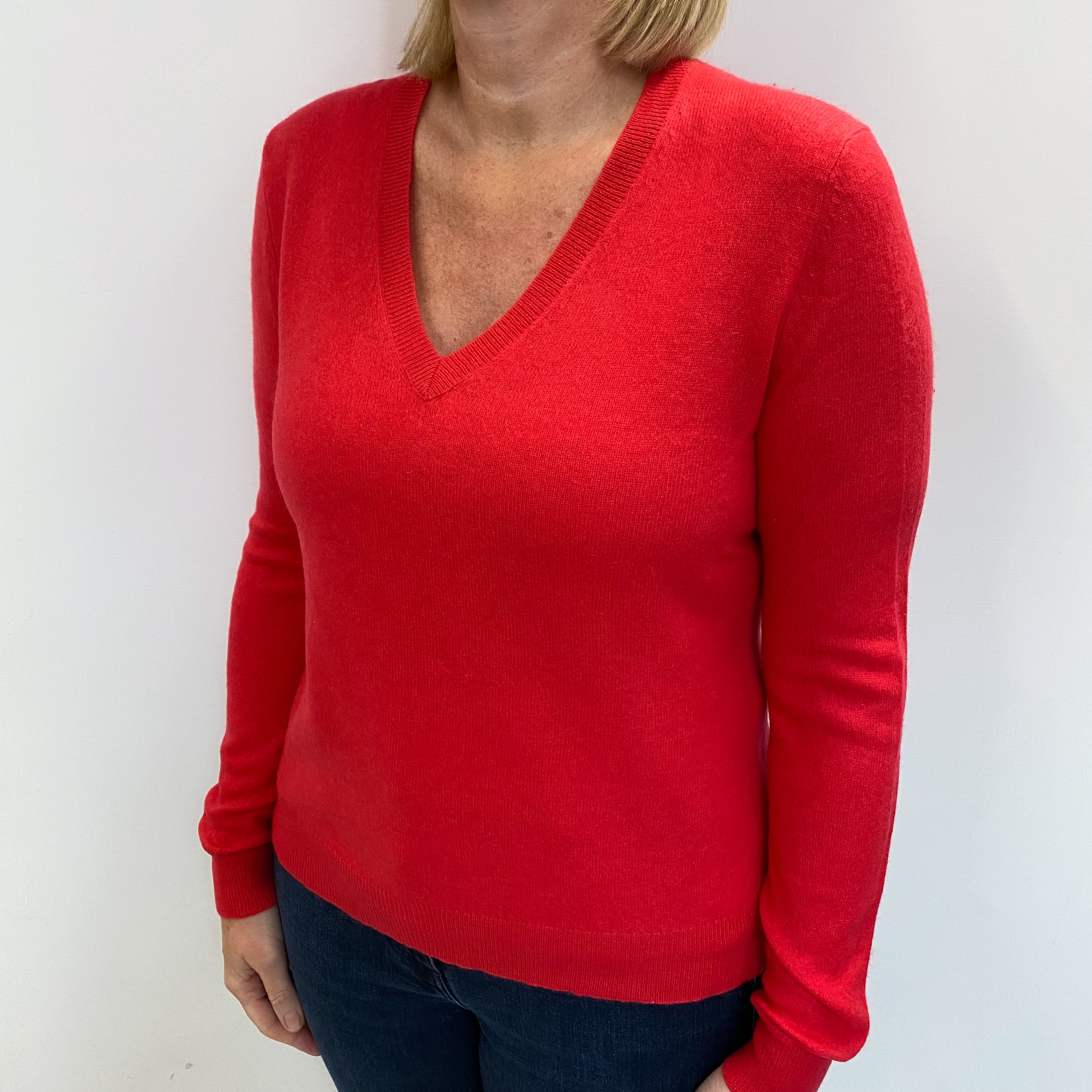 Watermelon Red Cashmere V Neck Jumper Large