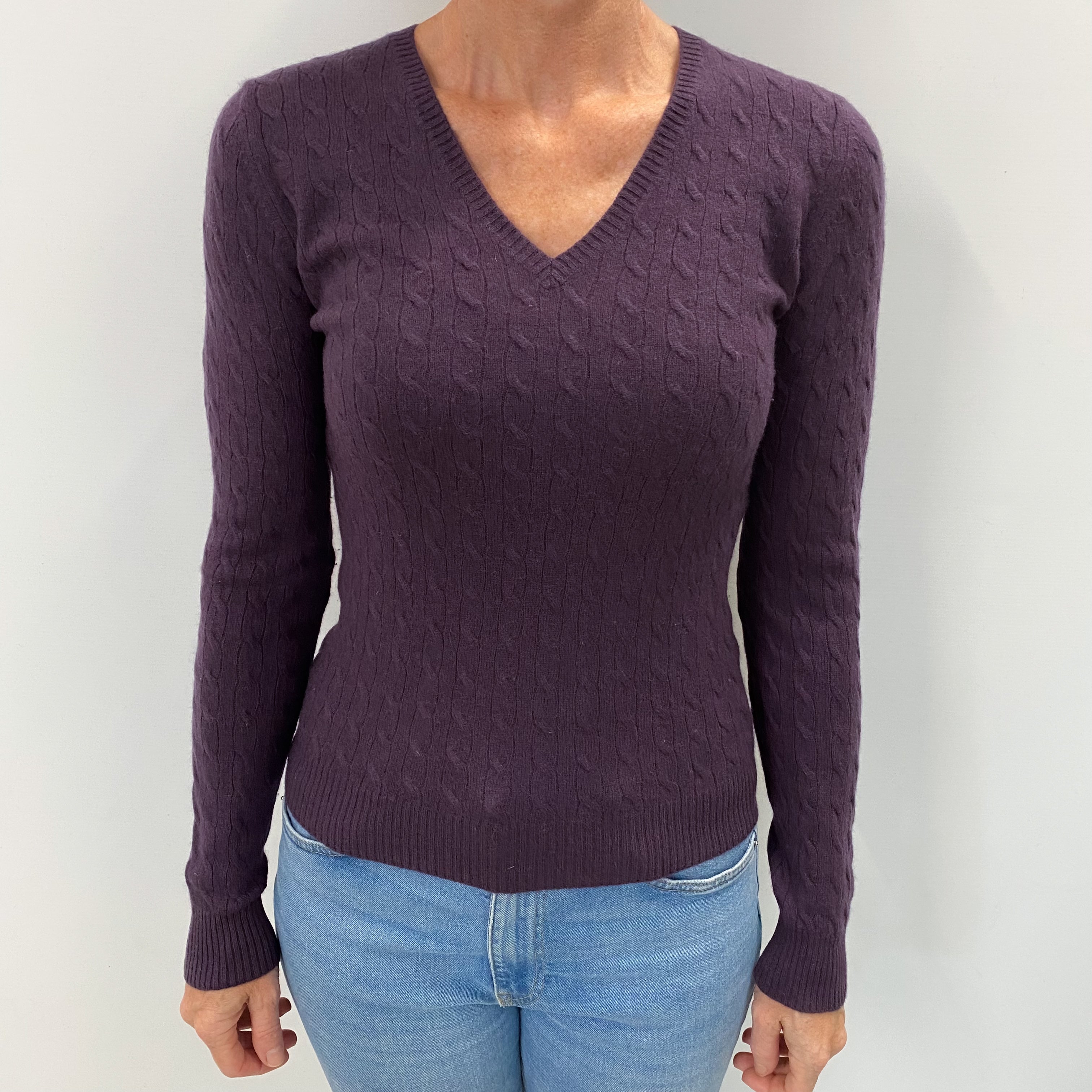Blueberry Purple Cashmere V Neck Cable Knit Jumper Small