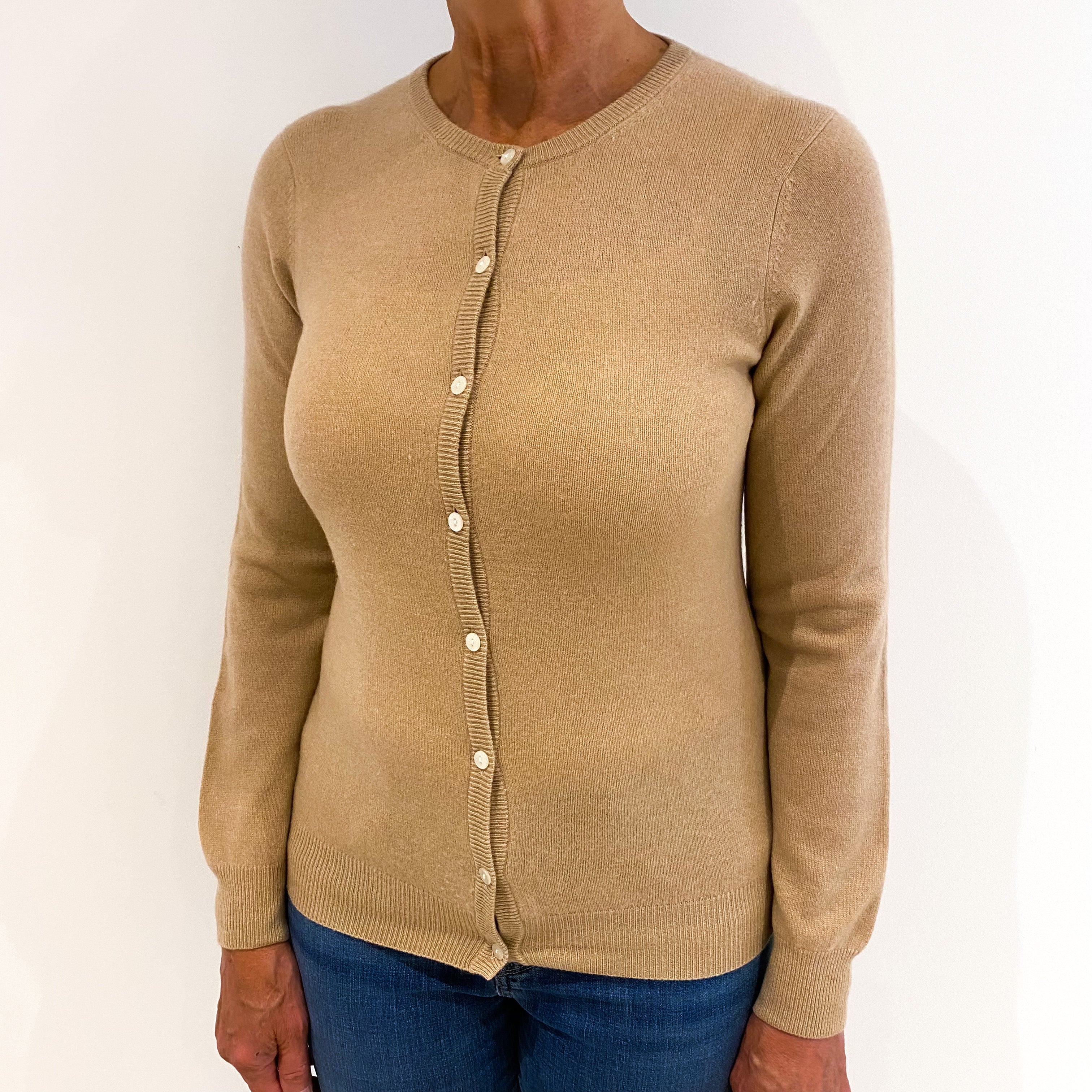 Caramel Brown Cashmere Crew Neck Cardigan Medium