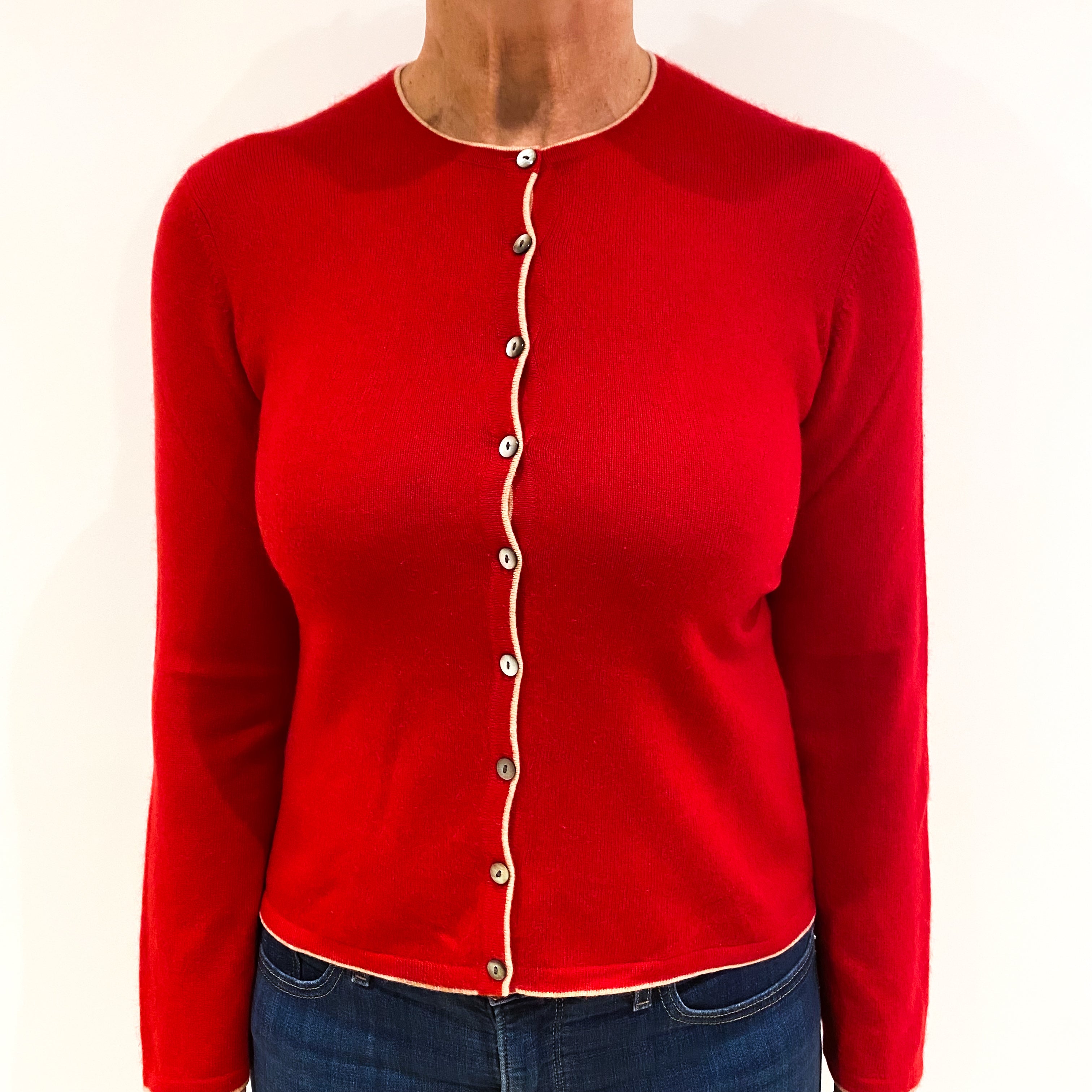 Post Box Red Cashmere Crew Neck Cardigan Medium