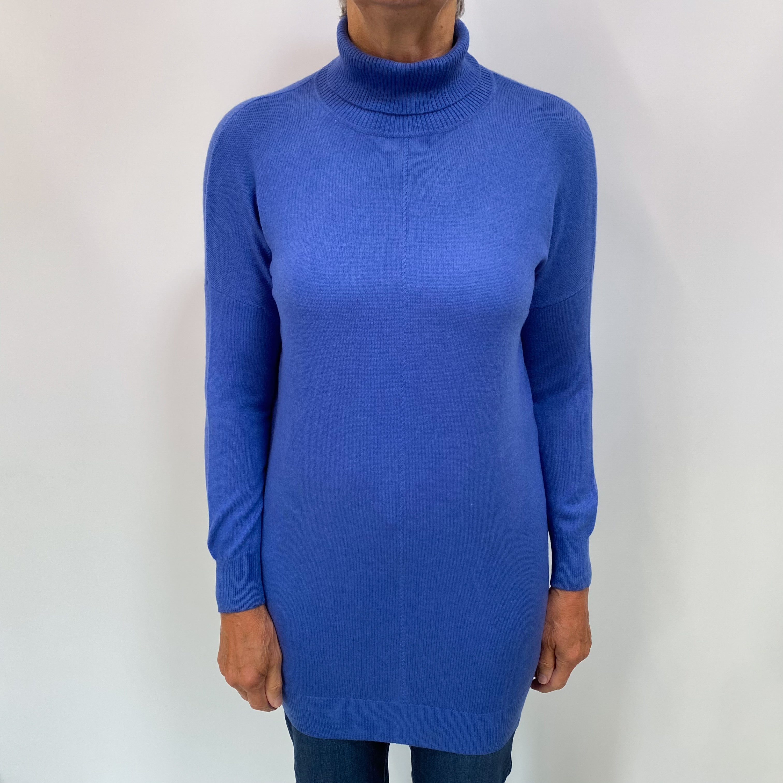 Cornflower Blue Cashmere Polo Neck Longline Jumper Medium