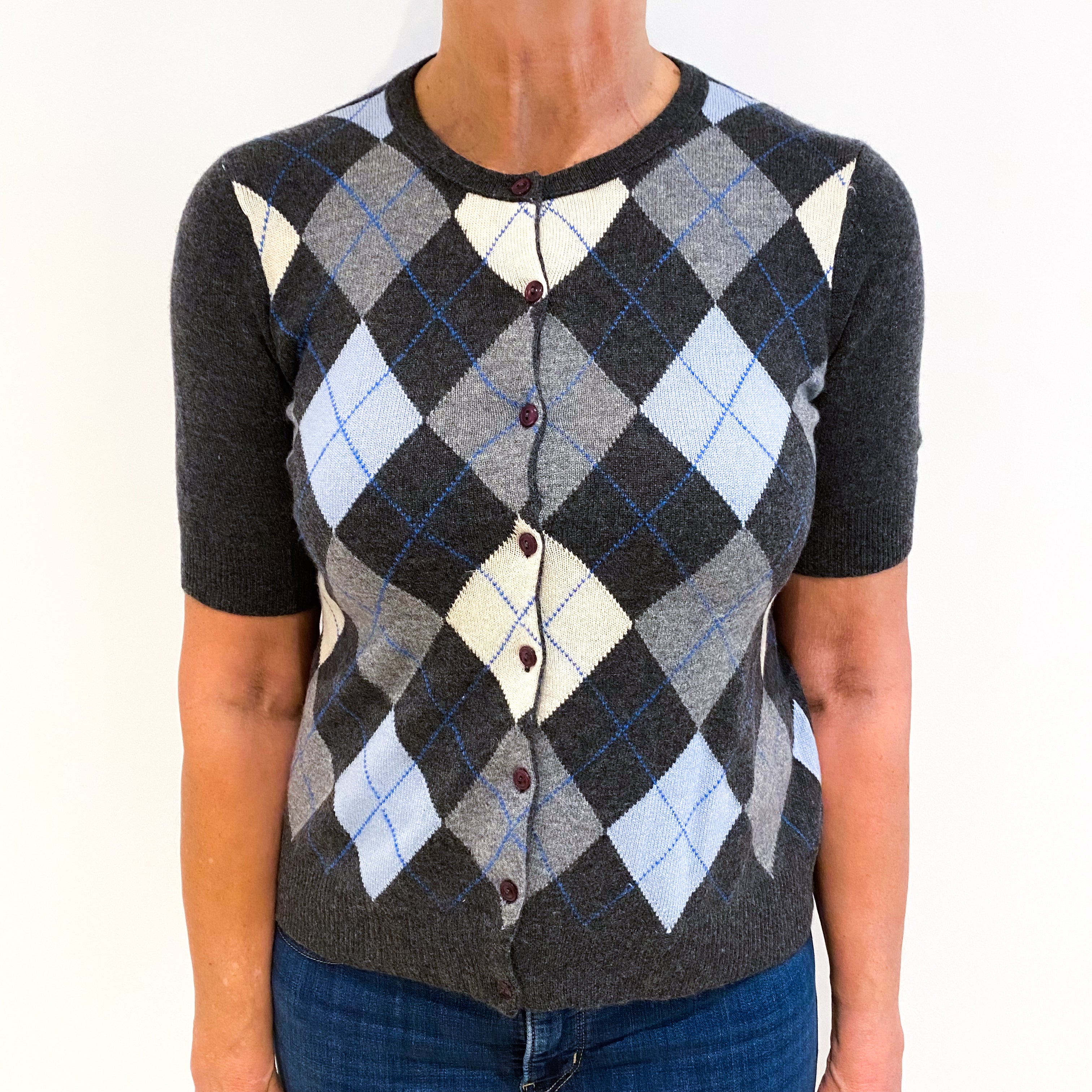 Slate Grey Argyle Short Sleeve Cashmere Cardigan Medium