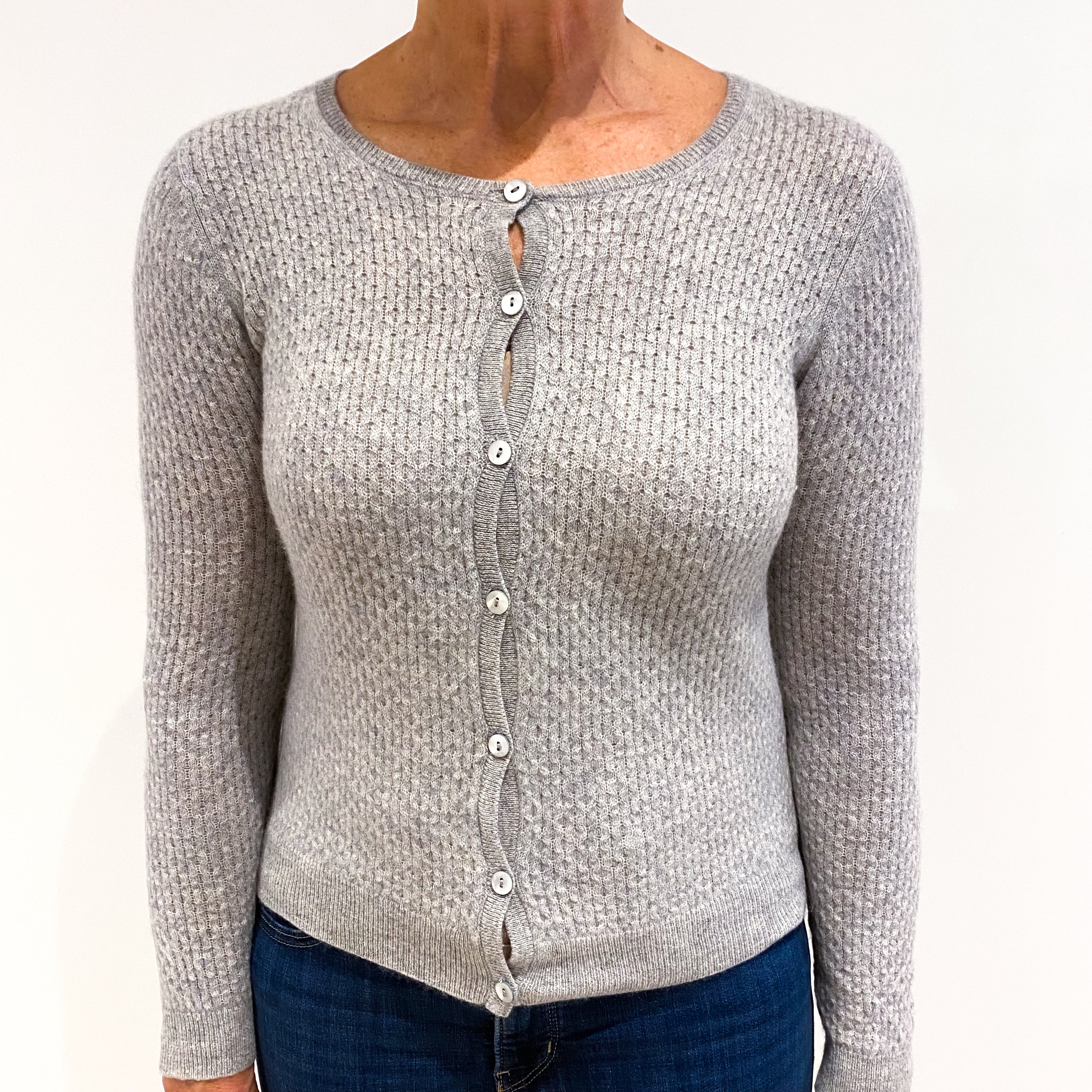 Smoke Grey Skinny Cable Cashmere Crew Neck Cardigan Medium