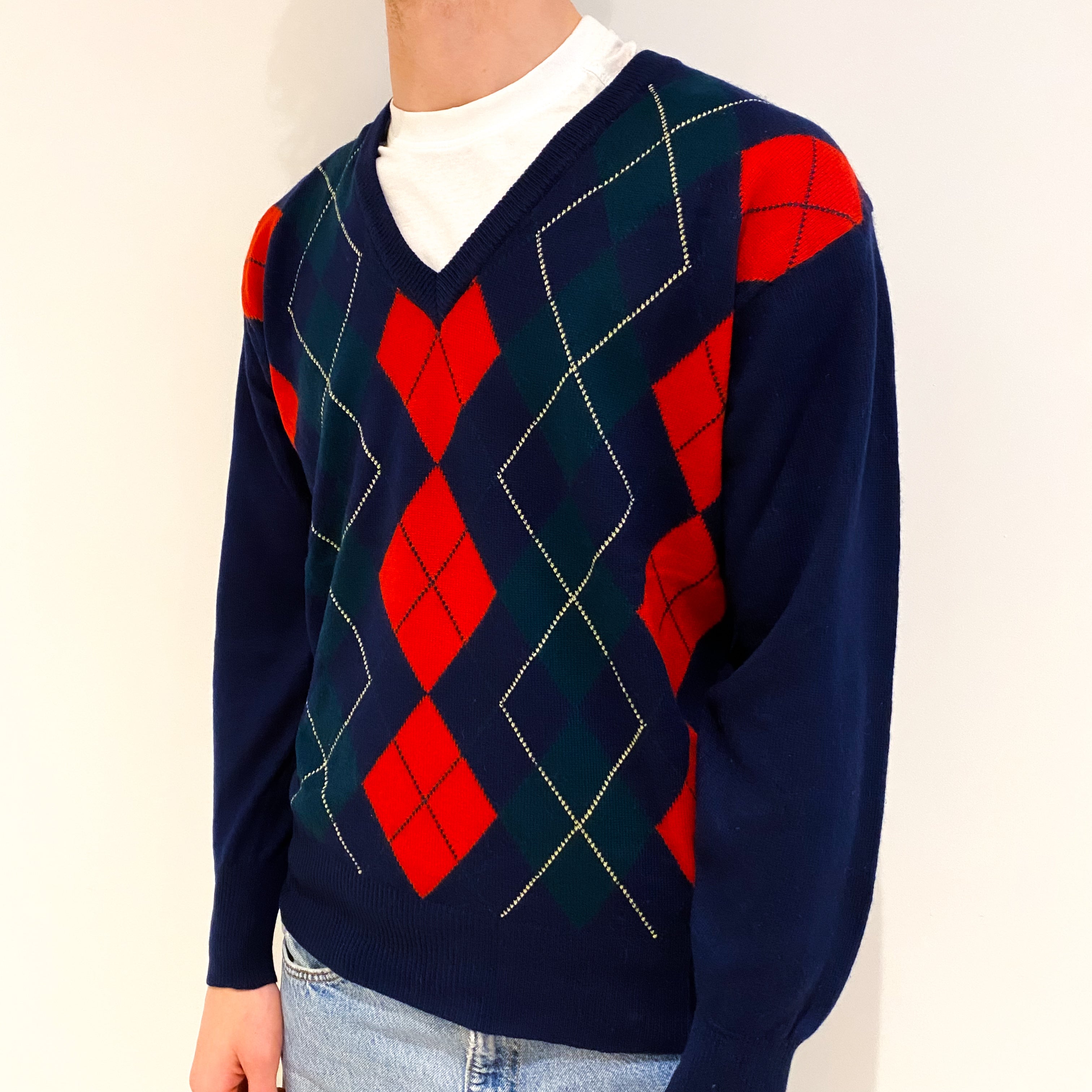 Men's Navy Red Diamond Cashmere V-Neck Jumper Medium
