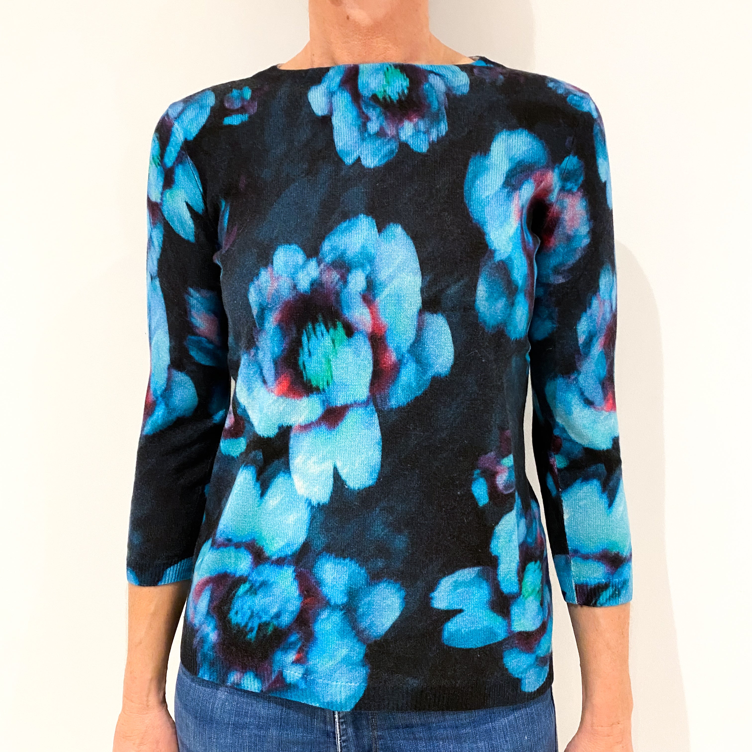 Navy Blue Floral Cashmere Crew Neck Jumper Small