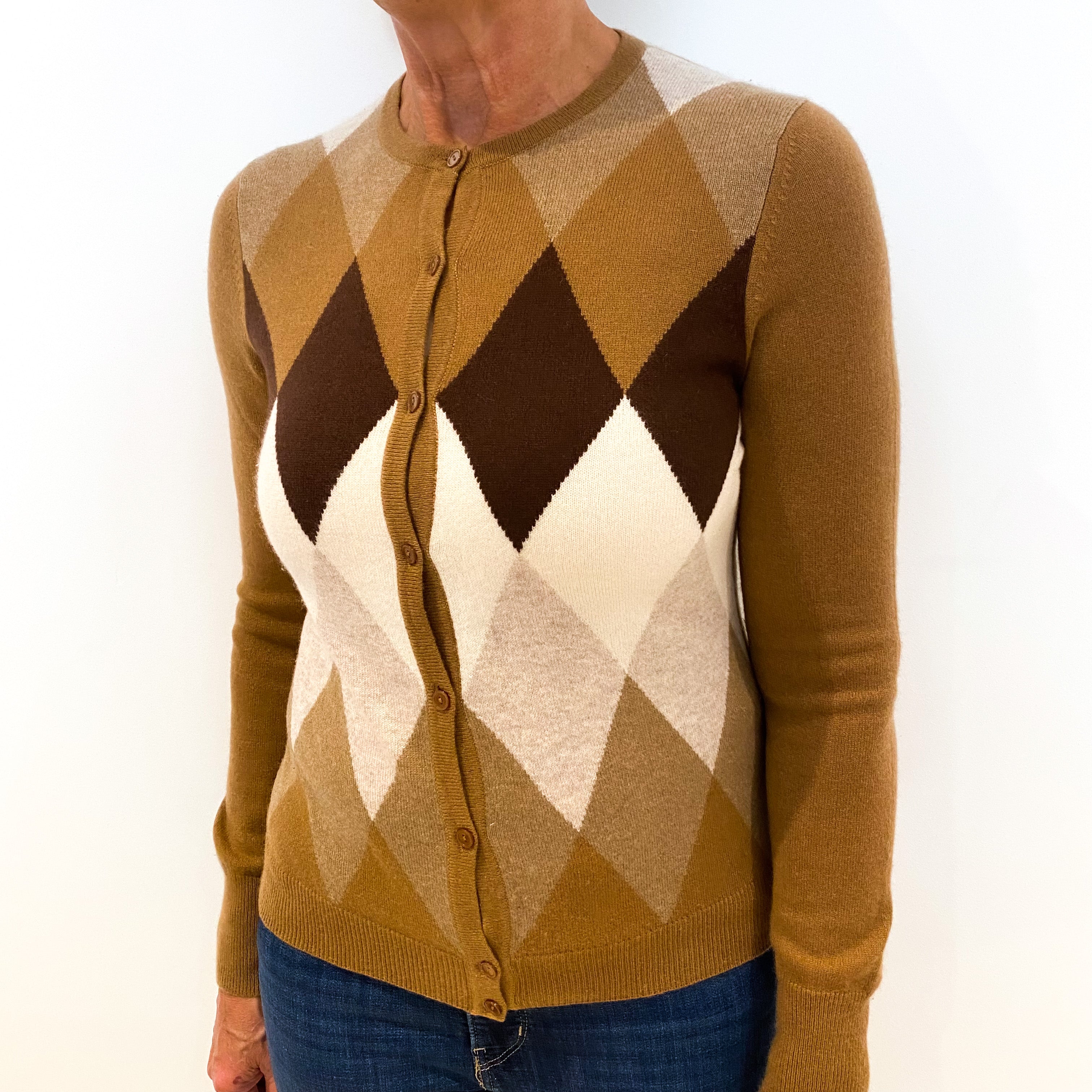 Brown Cream Diamond Pattern Cashmere Crew Neck Cardigan Medium
