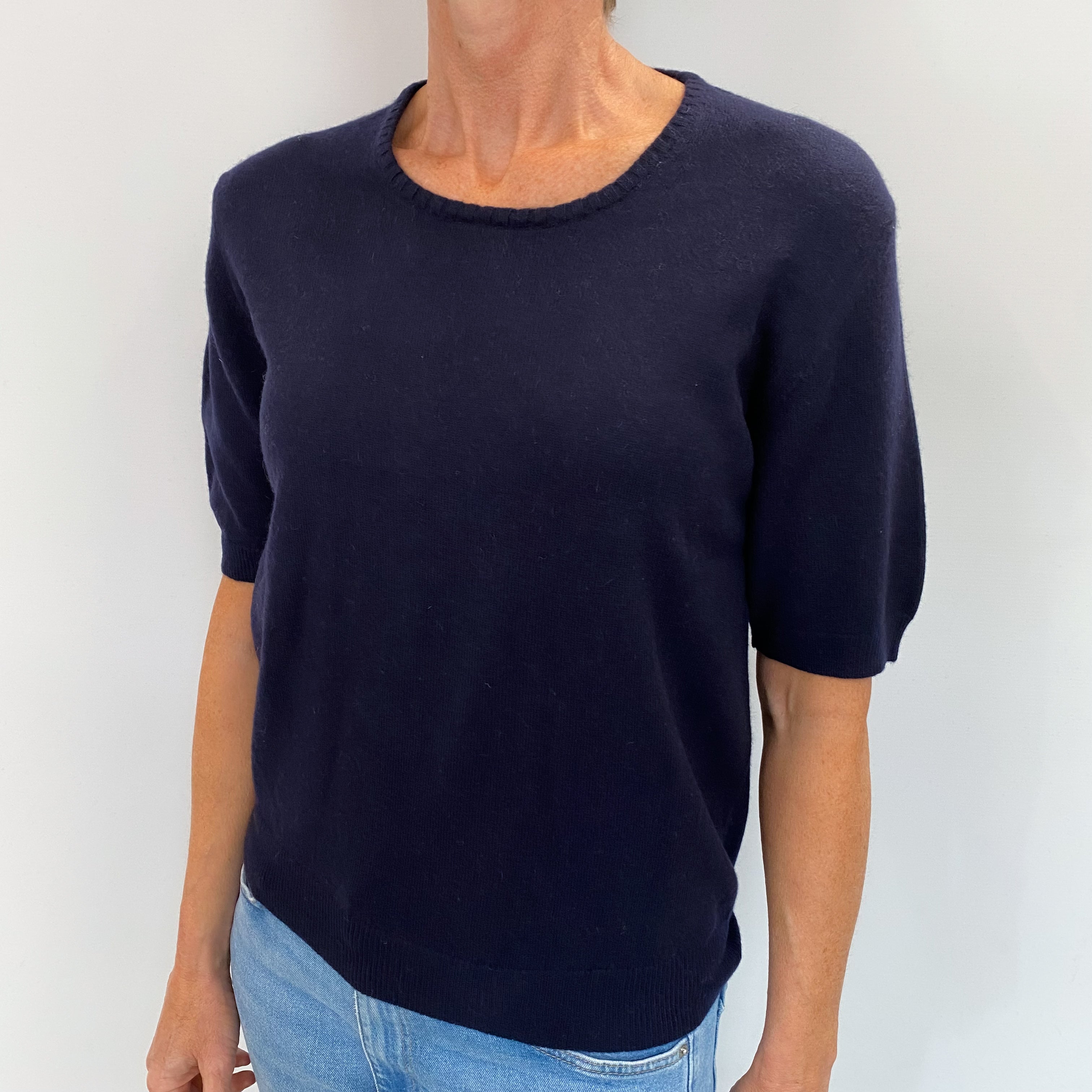 Navy Blue Cashmere Crew Neck Short Sleeved Jumper Small