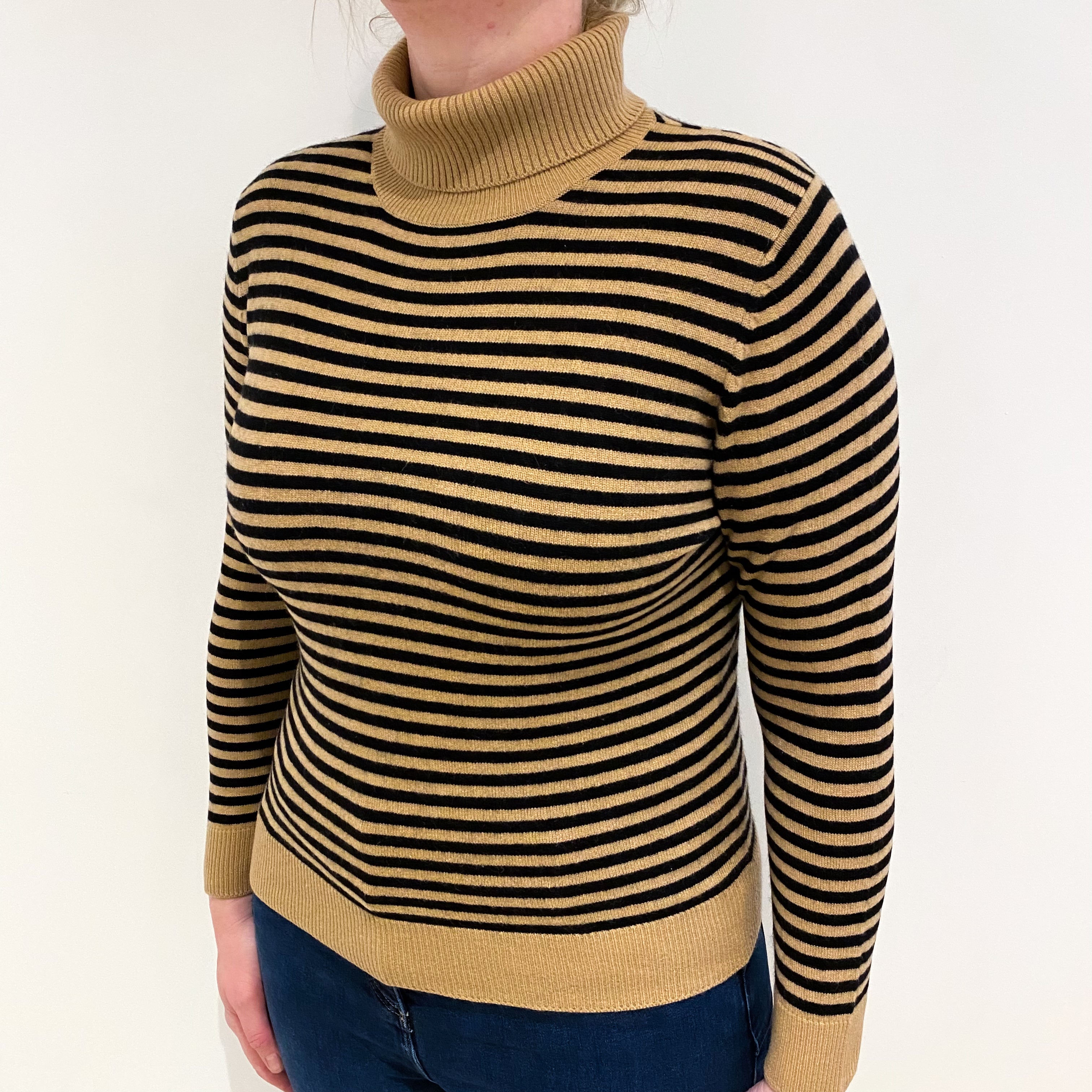 Caramel and Black Stripe Cashmere Polo Neck Jumper Large