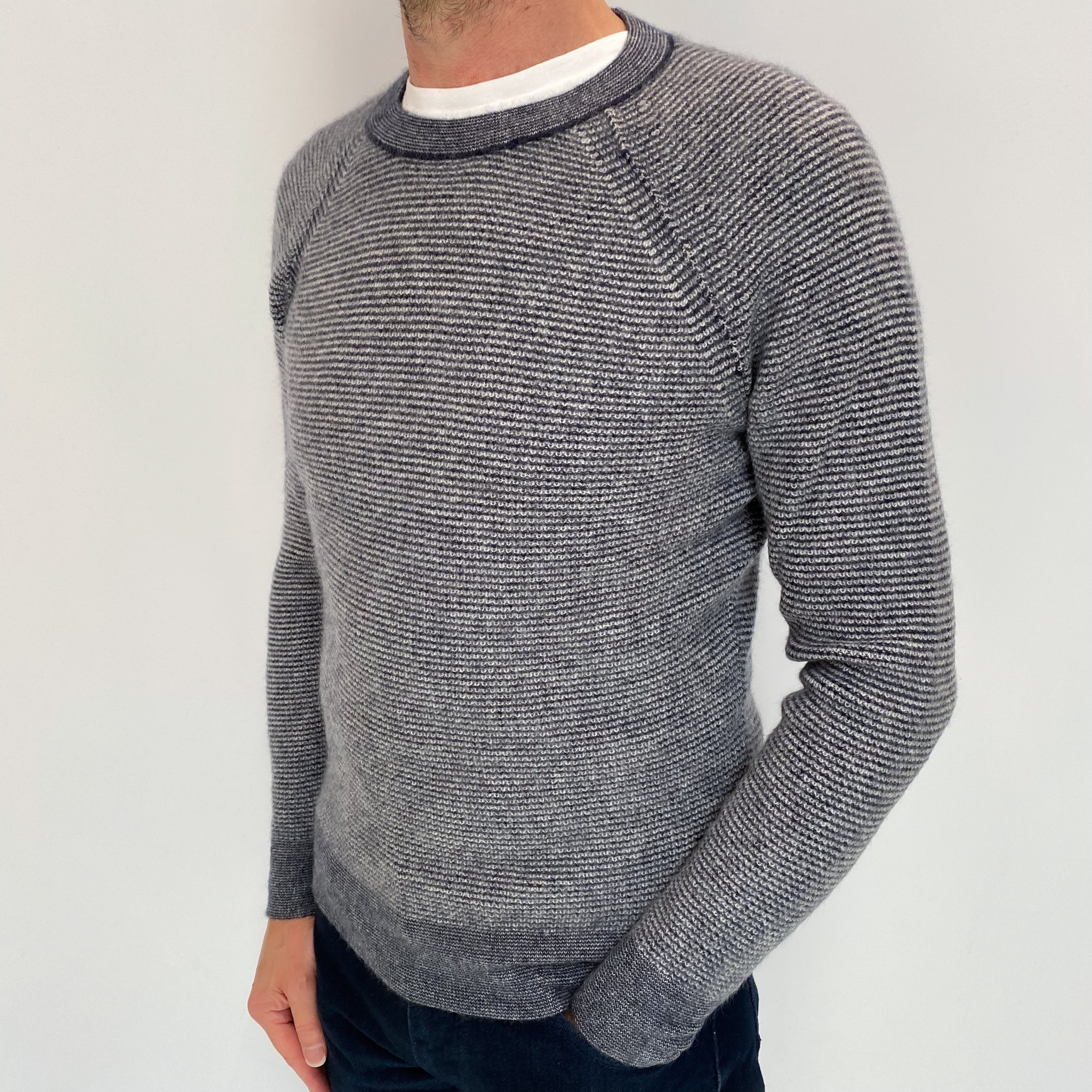 Men's Navy Grey Striped Cashmere Crew Neck Jumper Small