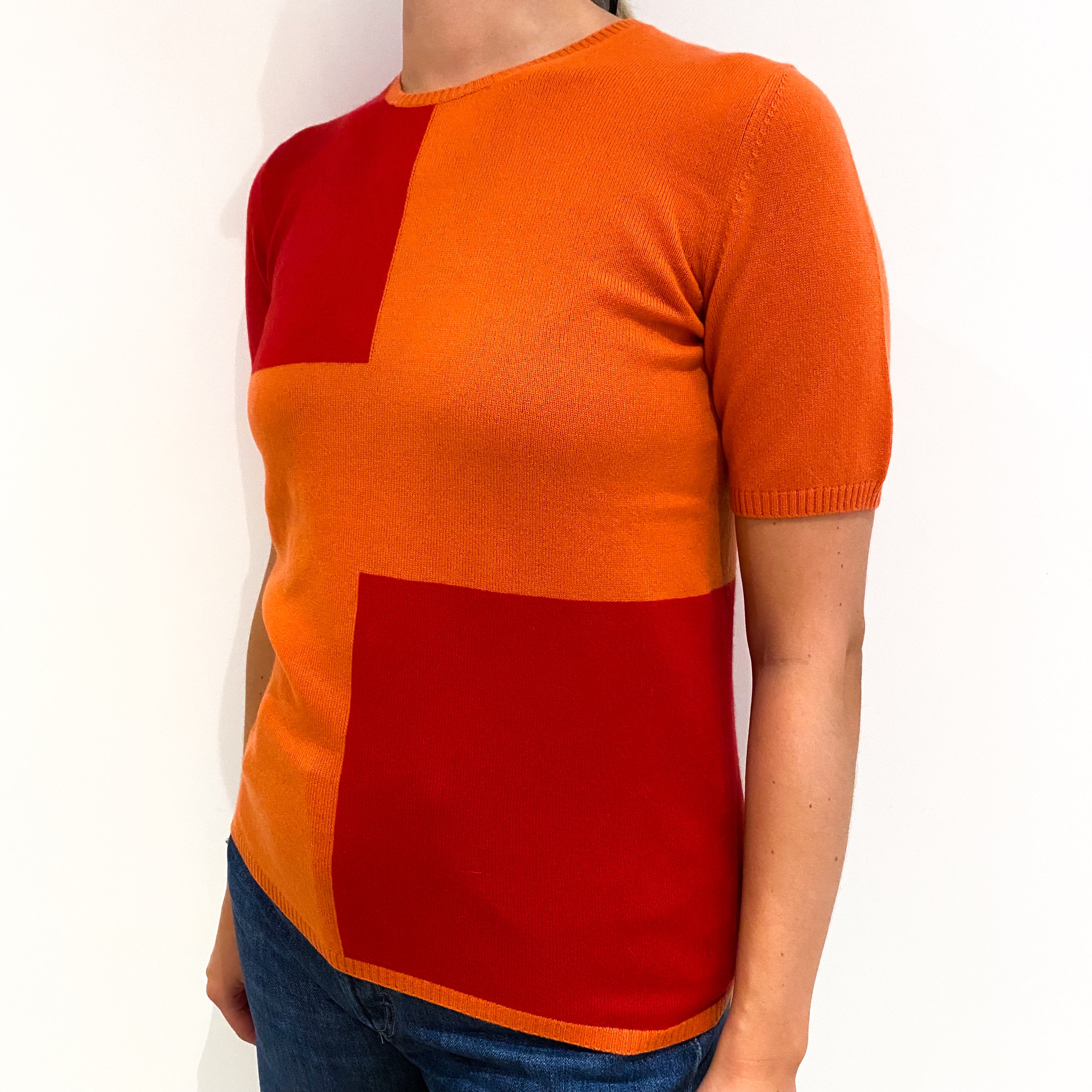 Red and Orange Colour Block Short Sleeved Cashmere Crew Neck Jumper Medium