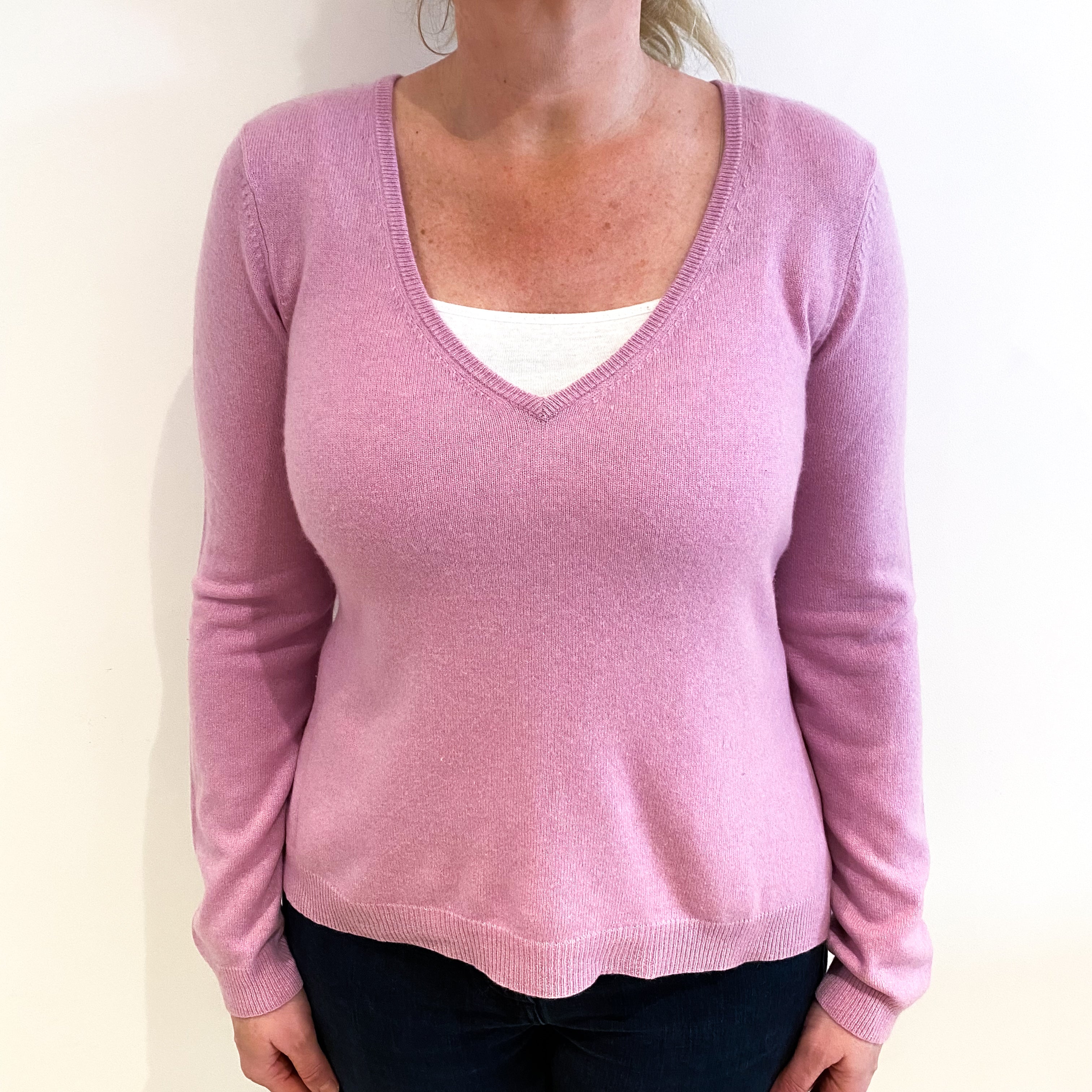 Mauve Pink Cashmere V Neck Jumper Large