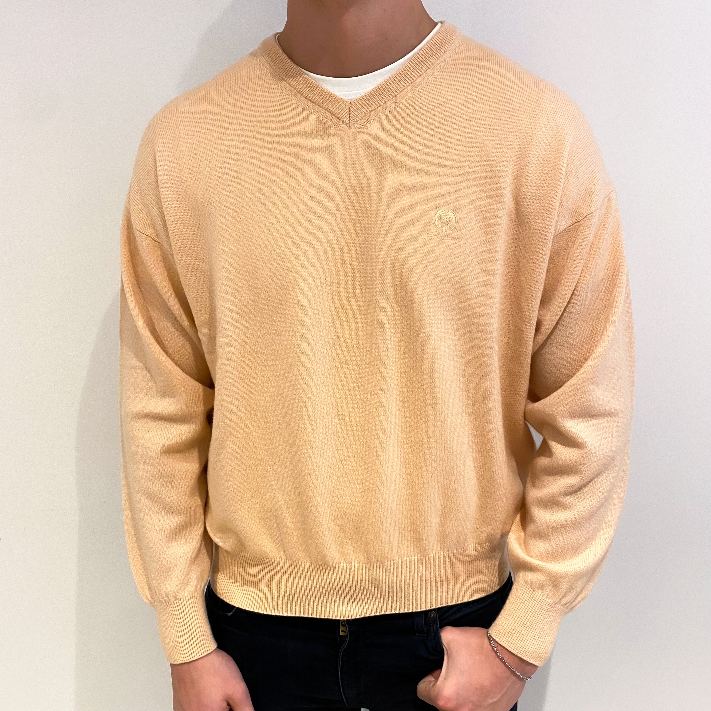 Men's Peach Pink Cashmere V Neck Jumper XXL
