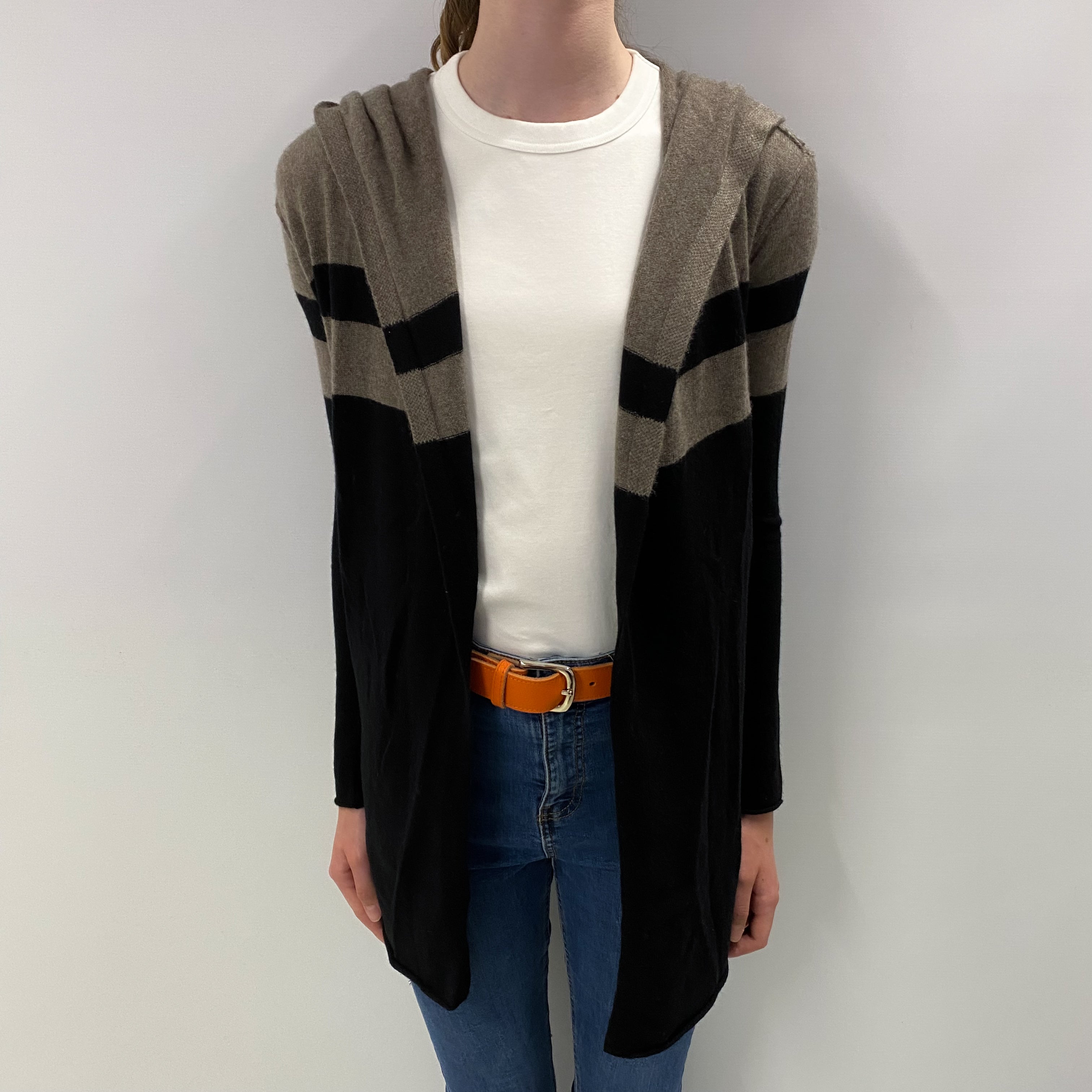 Black and Mocha Cashmere Edge to Edge Hooded Cardigan Extra Small