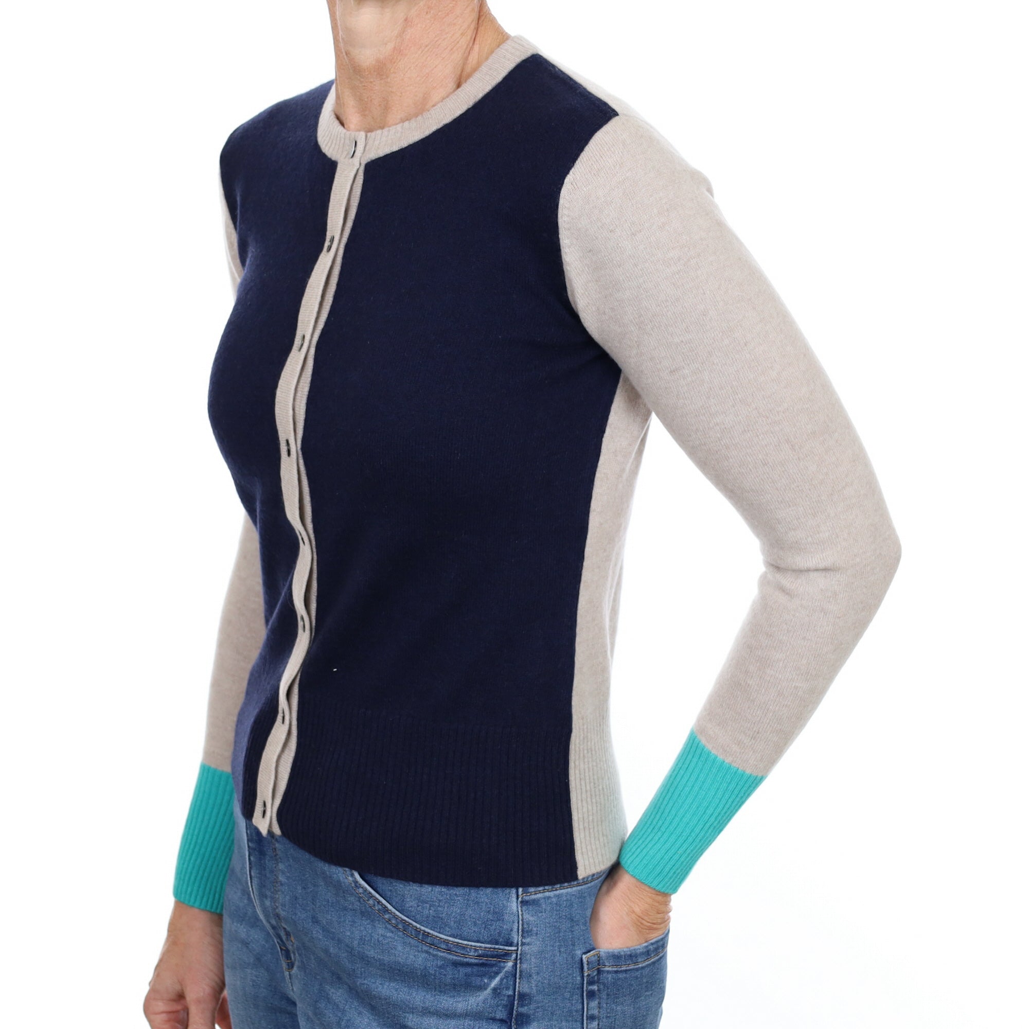 New Navy Colour Block Cashmere Crew Neck Cardigan Small