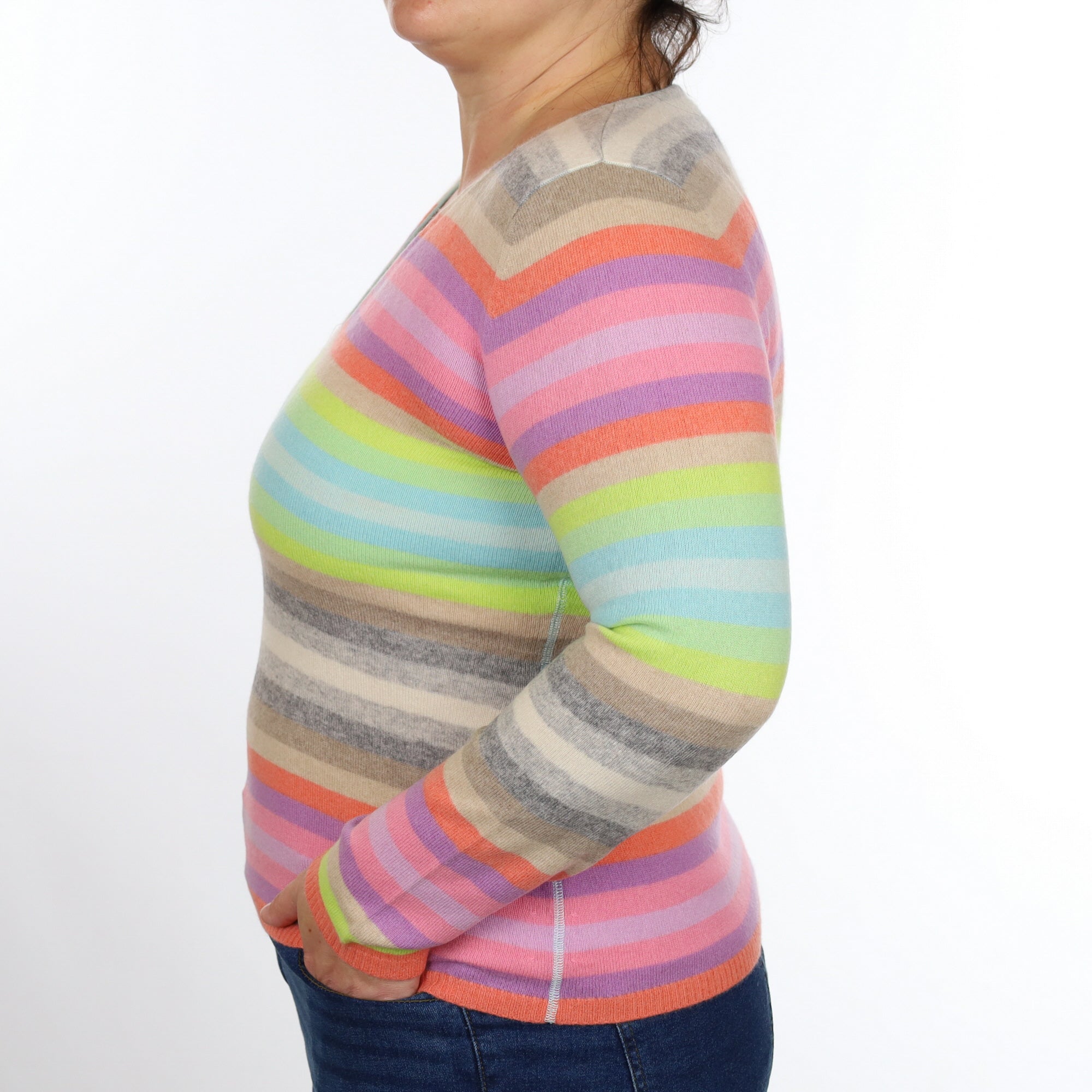 Multicolour Stripe Cashmere V Neck Jumper Large