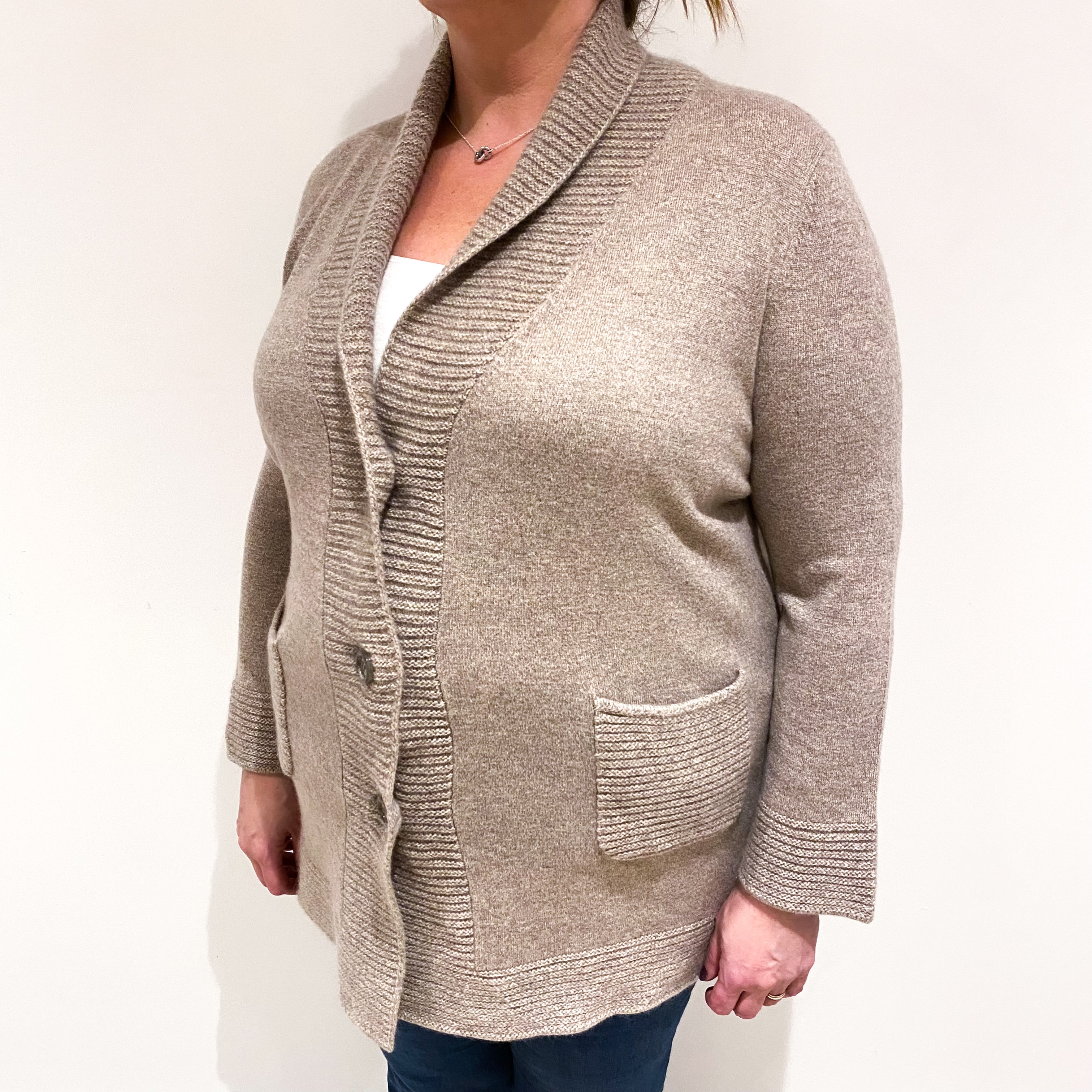 Taupe Brown Cashmere Shawl Collar Cardigan with Pockets Extra Large