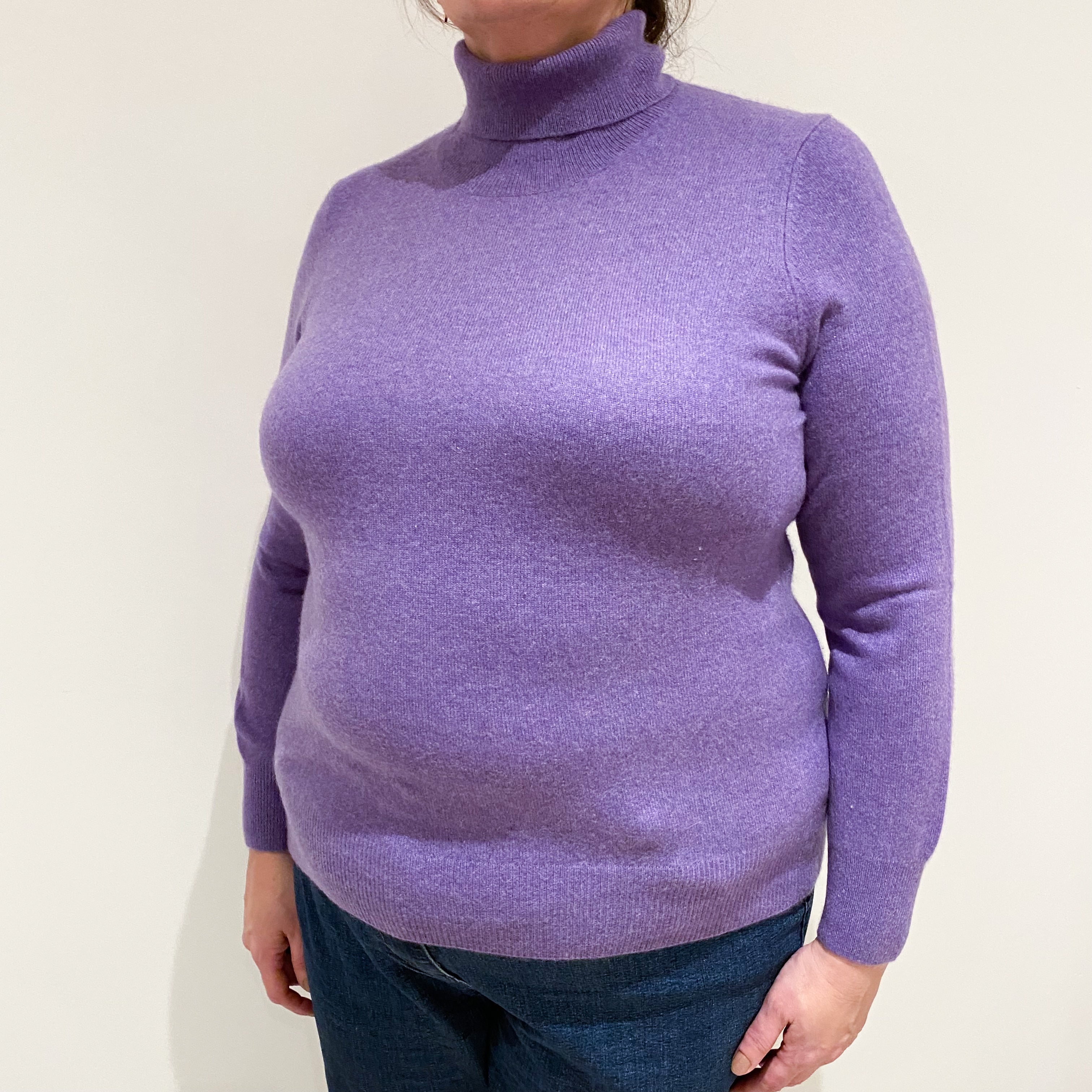 Deep Lavender Purple Cashmere Polo Neck Jumper Extra Large