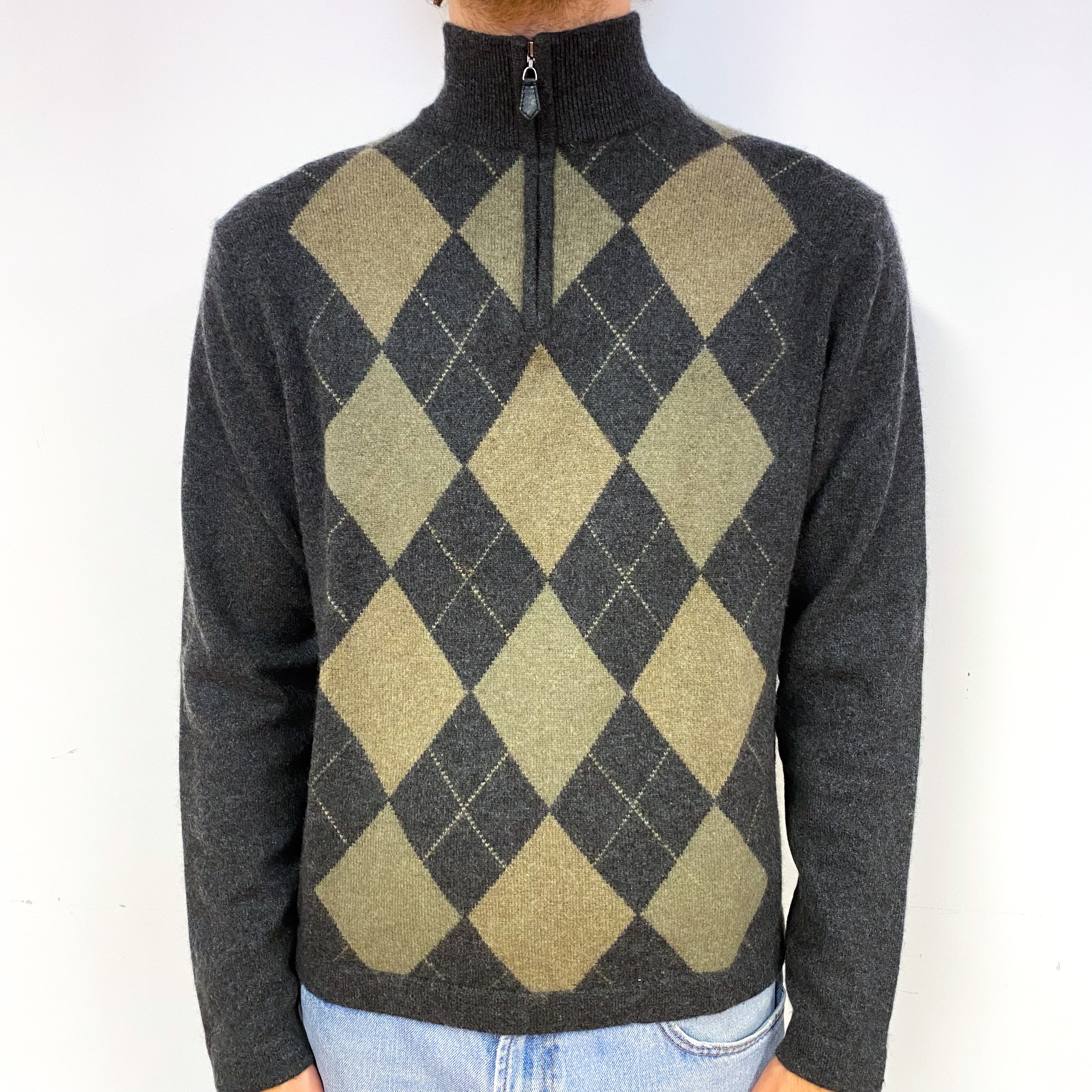 Men's Grey Green Argyle Cashmere Quarter Zip Jumper Medium