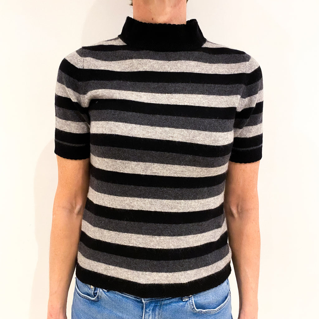 Black And Grey Striped Cashmere Turtle Neck Short Sleeved Jumper Small