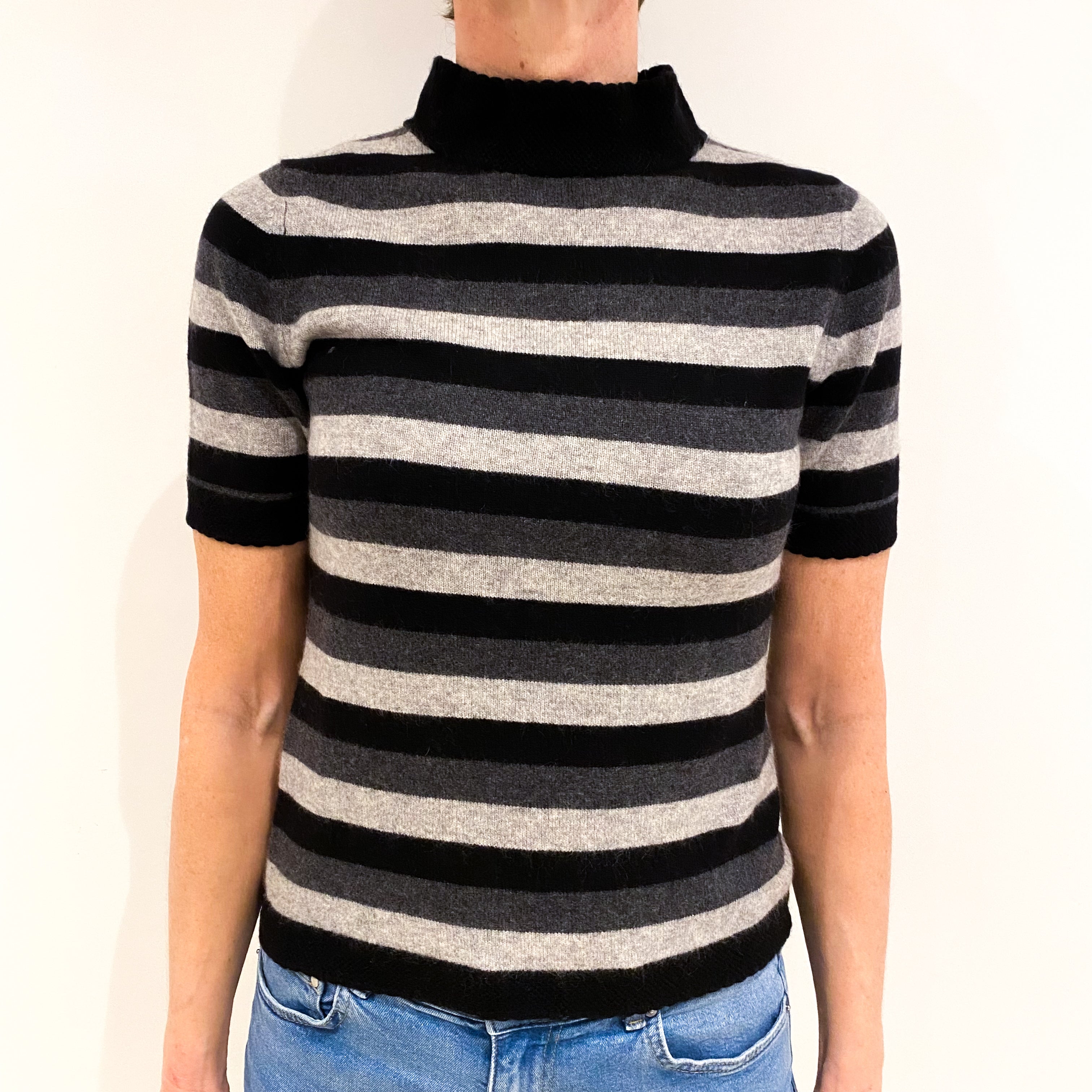 Black And Grey Striped Cashmere Turtle Neck Short Sleeved Jumper Small