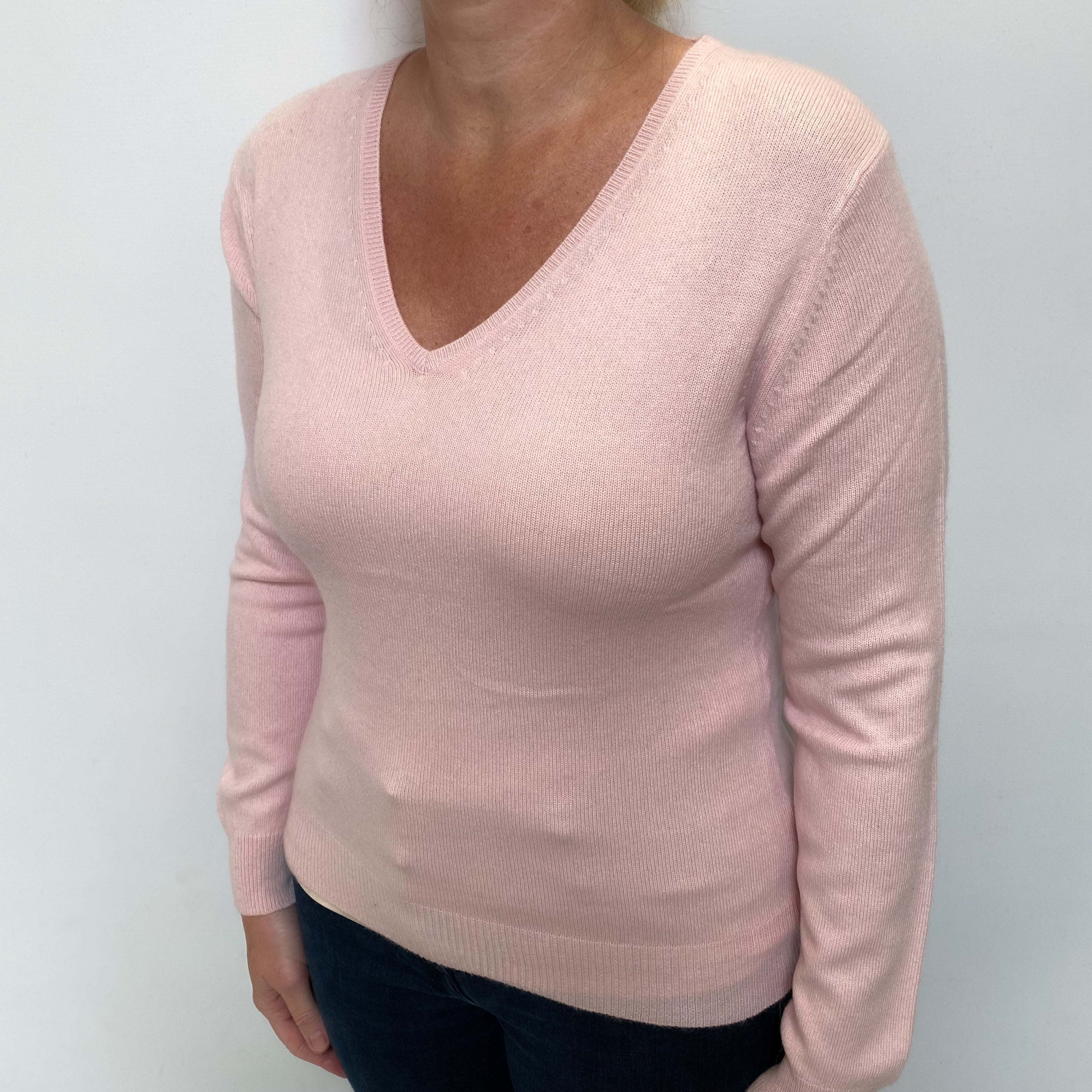 Carnation Pink Cashmere V Neck Jumper Large